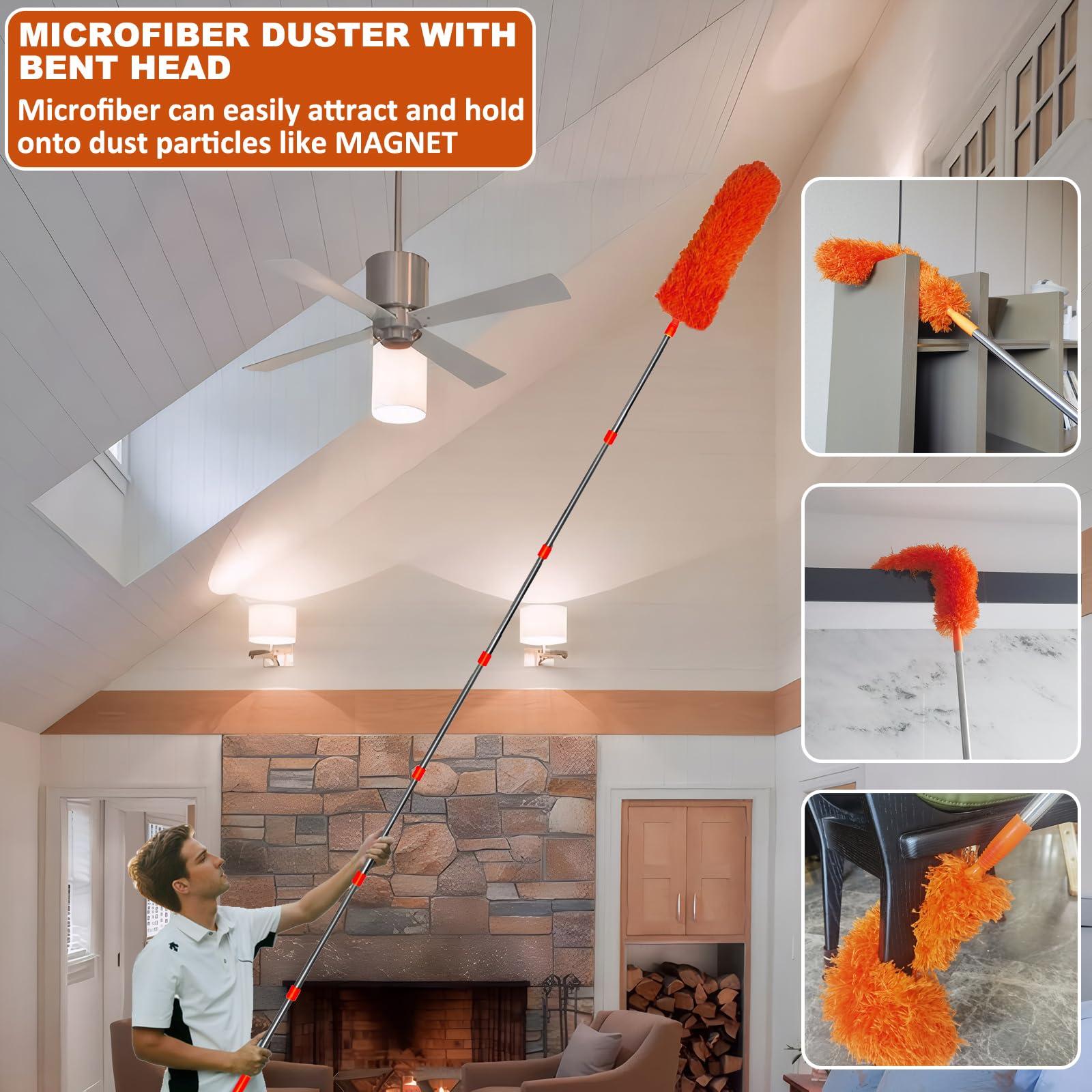 Tonmp 20+ Feet High Reach Duster Kit with 3-14 ft Extension Pole // High Ceiling Dusting and Window Cleaning Kit with Spliceable Pole - Window Washer & Squeegee, Cobweb Duster, Fan Blade and Feather Dusters