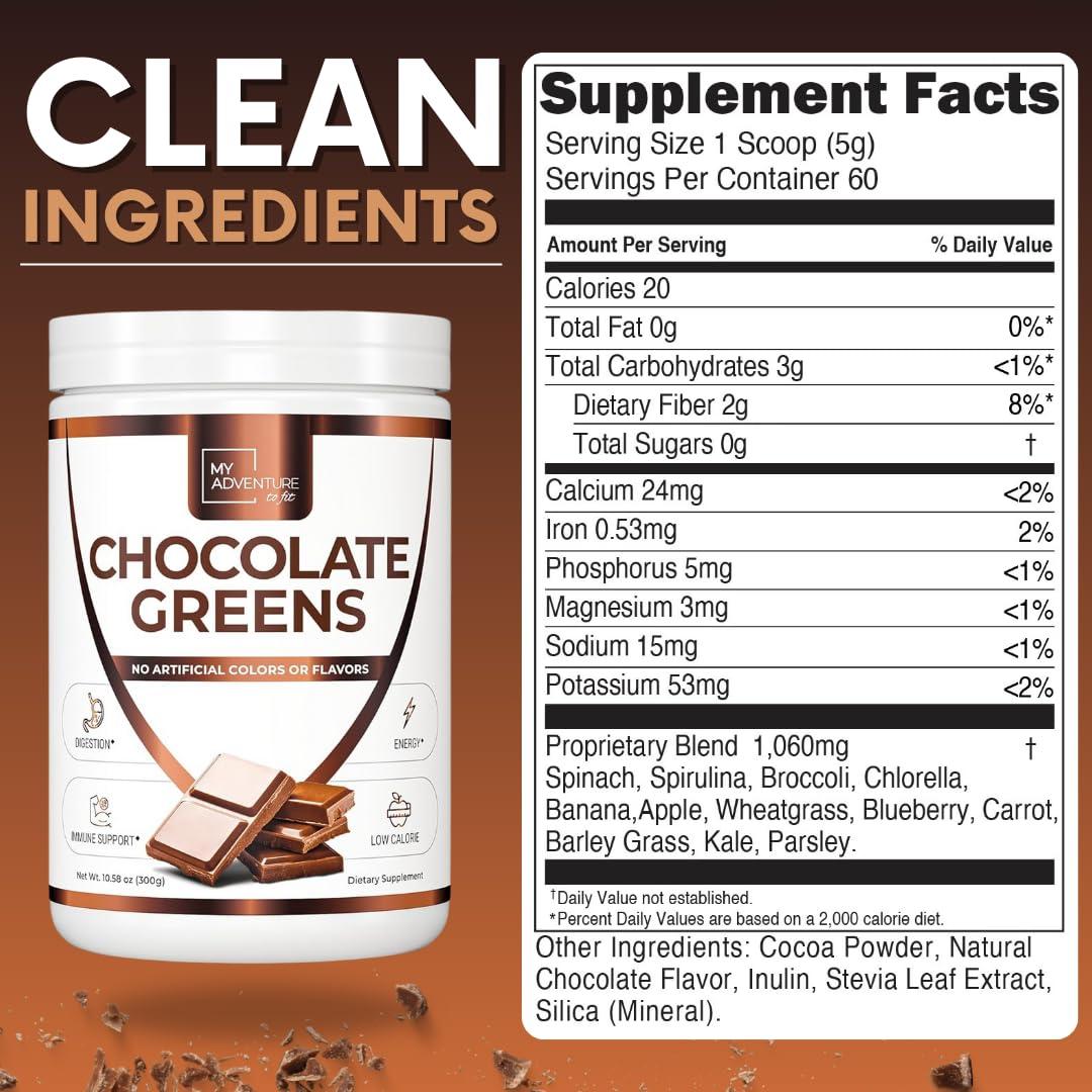 My Adventure to Fit Green Superfood Powder for Digestion & Gut Health - Keto Friendly Superfood Greens Blend Powder for Immune Support - Powdered Greens Supplement for Immune Boost - Chocolate, 180 Servings