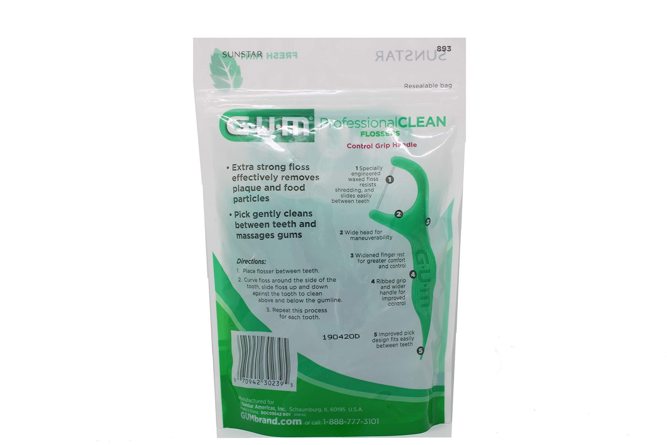 GUM GUM Professional Clean Floss Picks - Extra Strong Shred-Resistant Floss, Easy Grip Handle - Dental Flossers for Adults - Fresh Mint Flavor, 90ct (3pk)