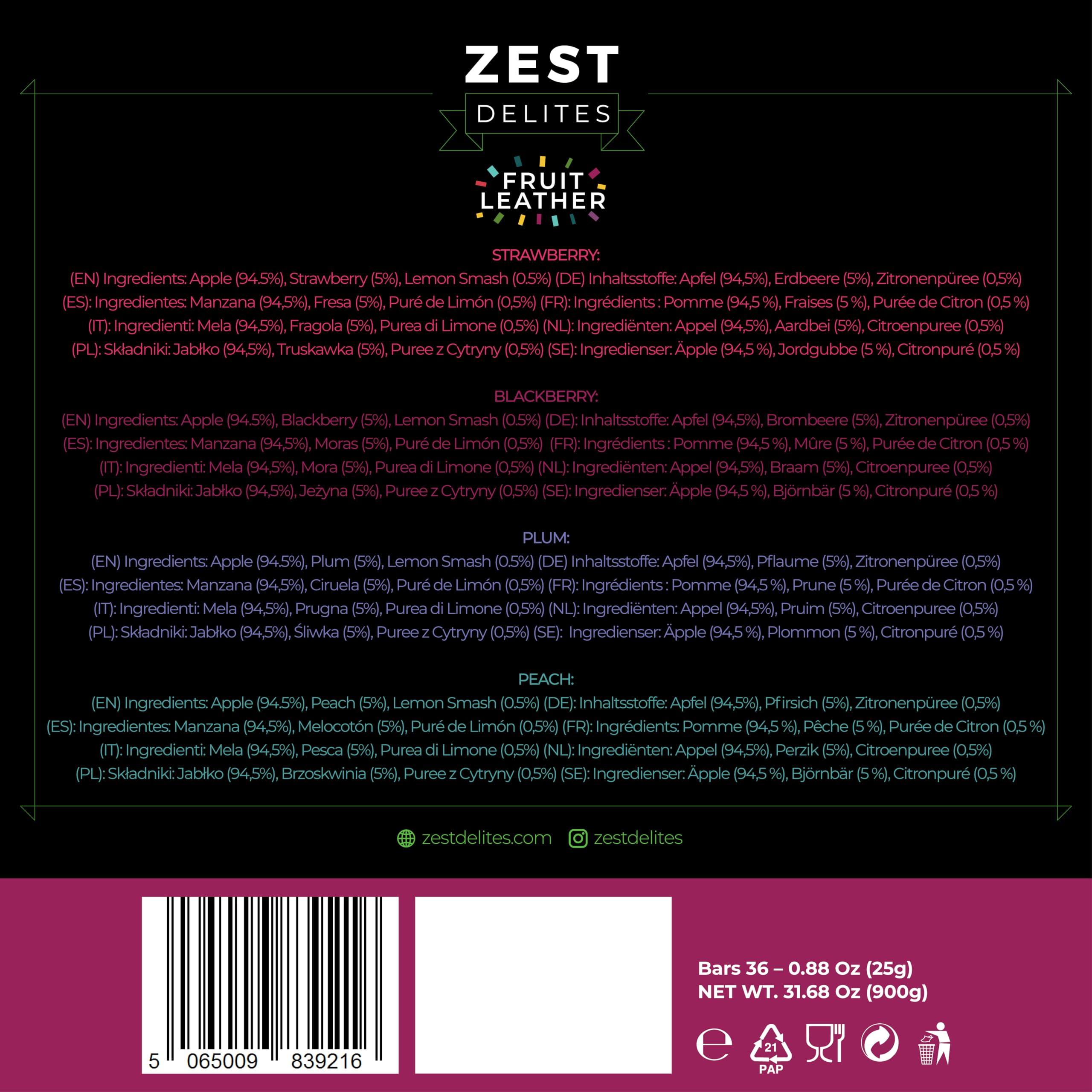 ZEST Delites Fruit Snacks by Zest Delites, Fruit Leather, Healthy Snacks for Adults, Dried Fruit Snack Bulk, Fruit Bars, Vegan Fruit Strips, Apple-Based, Strawberry, Peach, Blackberry, Plum, 0.88 oz x 36
