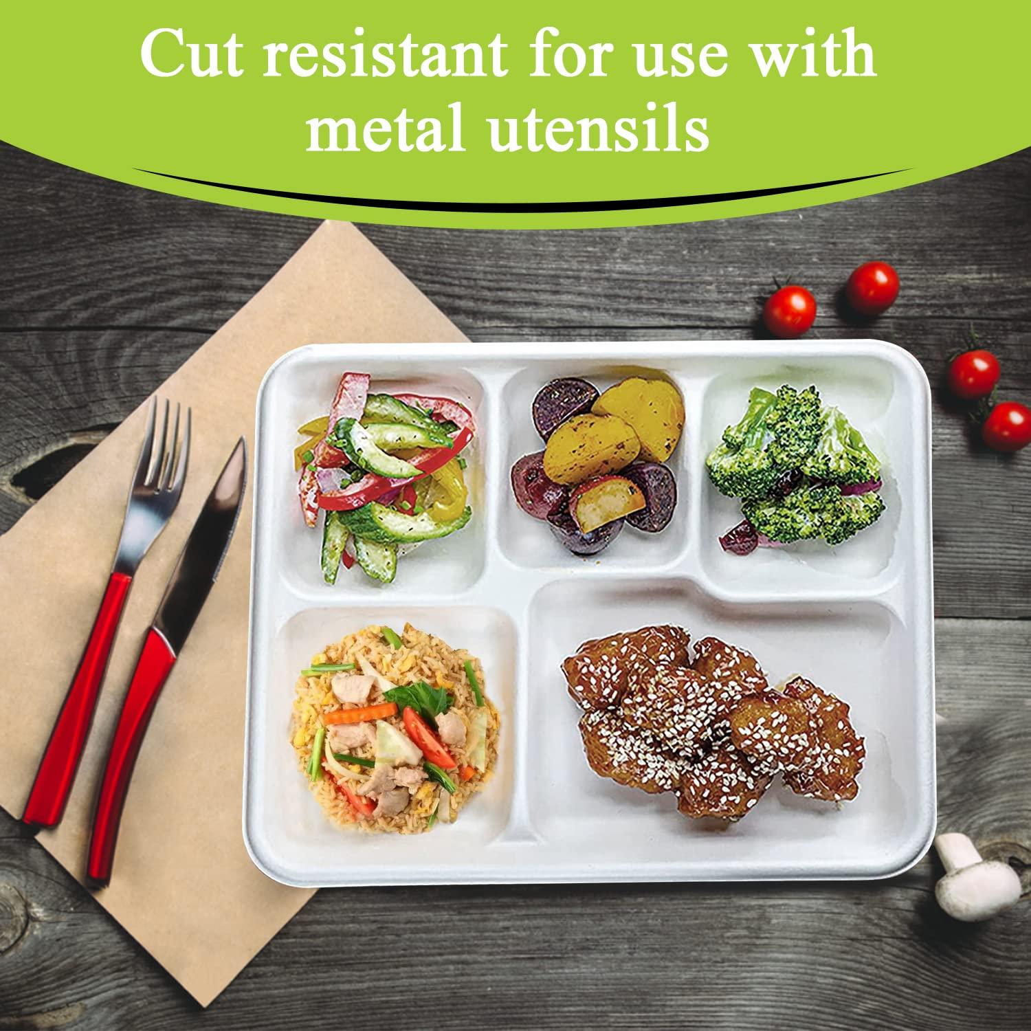 Three Leaf Three Leaf 5 COMPARTMENT BAGASSE (SCHOOL) TRAY 150 Ct. Heavy-Duty- Super Strong- Natural- Eco-Friendly Disposable Bagasse Plates, 100% Biodegradable 5 Compartment meal Plates