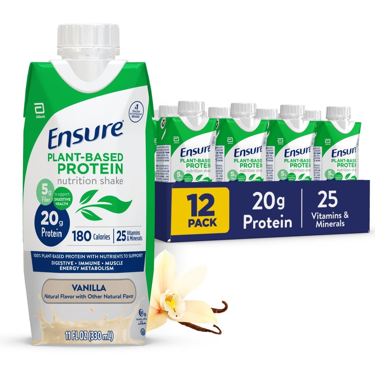 Ensure Ensure 100% Plant-Based Vegan Protein Nutrition Shakes with 20g Fava Bean and Pea Protein, Vanilla, 11 fl oz,(Pack of 12)