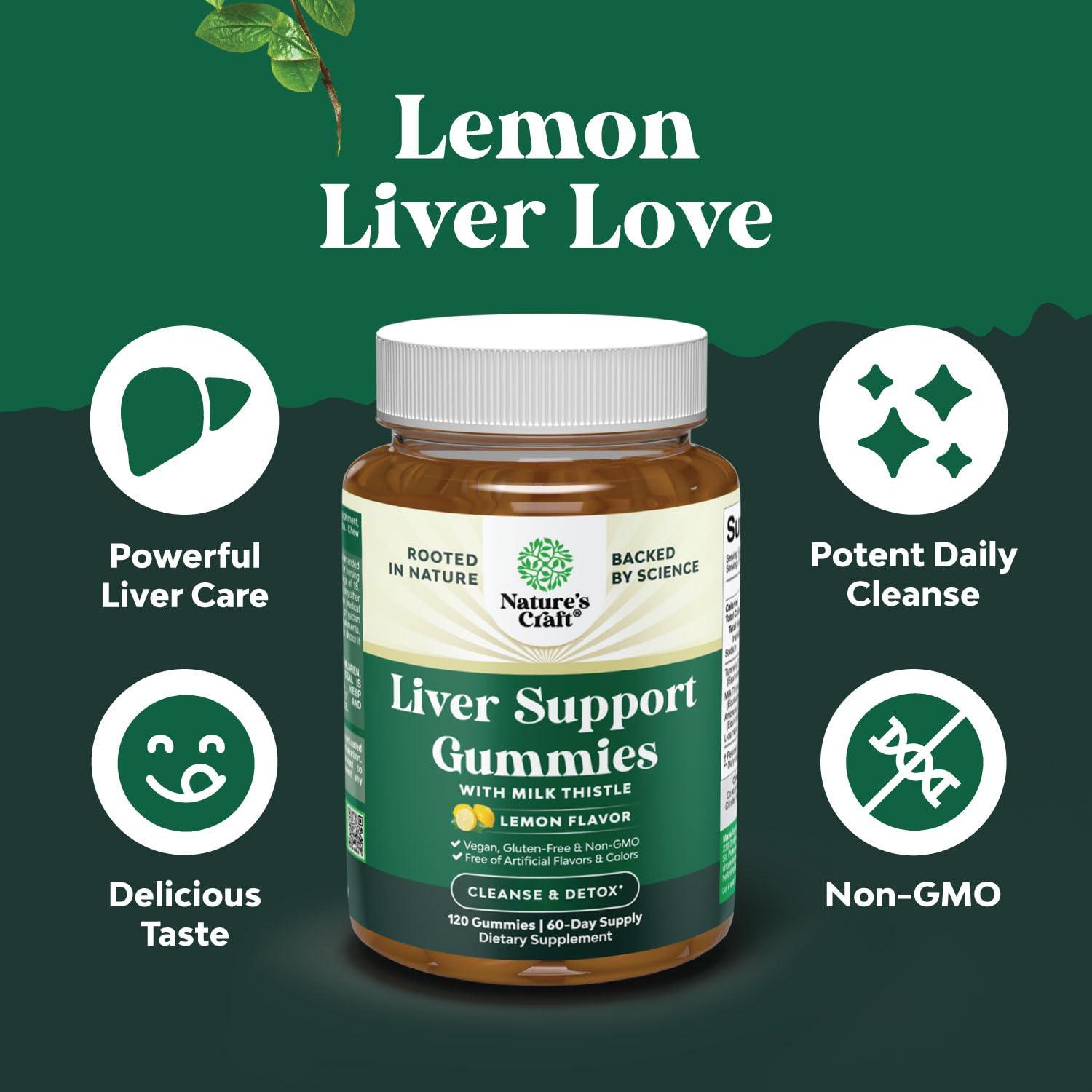 Natures Craft Natures Craft Cleansing Herbal Liver Detox Gummies Liver Support Milk Thistle Gummies with Artichoke Extract Turmeric Curcumin and L-Carnitine - Vegan and Non-GMO - Sweet Lemon (60 Servings)