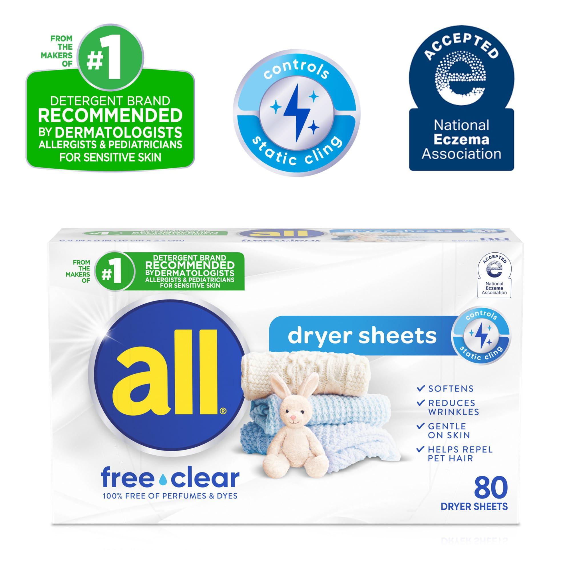 all all Fabric Softener Dryer Sheets for Sensitive Skin, Free Clear, 80 Count