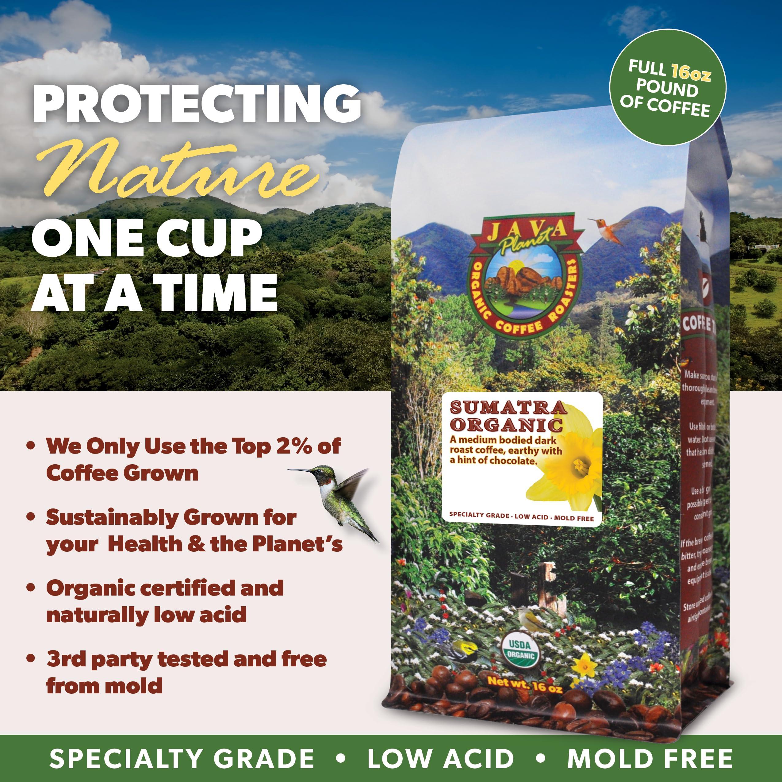 Java Planet Organic Coffee Roasters Java Planet Organic, Sumatra Single Origin Dark Roast, Smooth Full Flavored Organic Coffee Beans, Low Acid, Whole Bean Coffee Two 1LB Bags