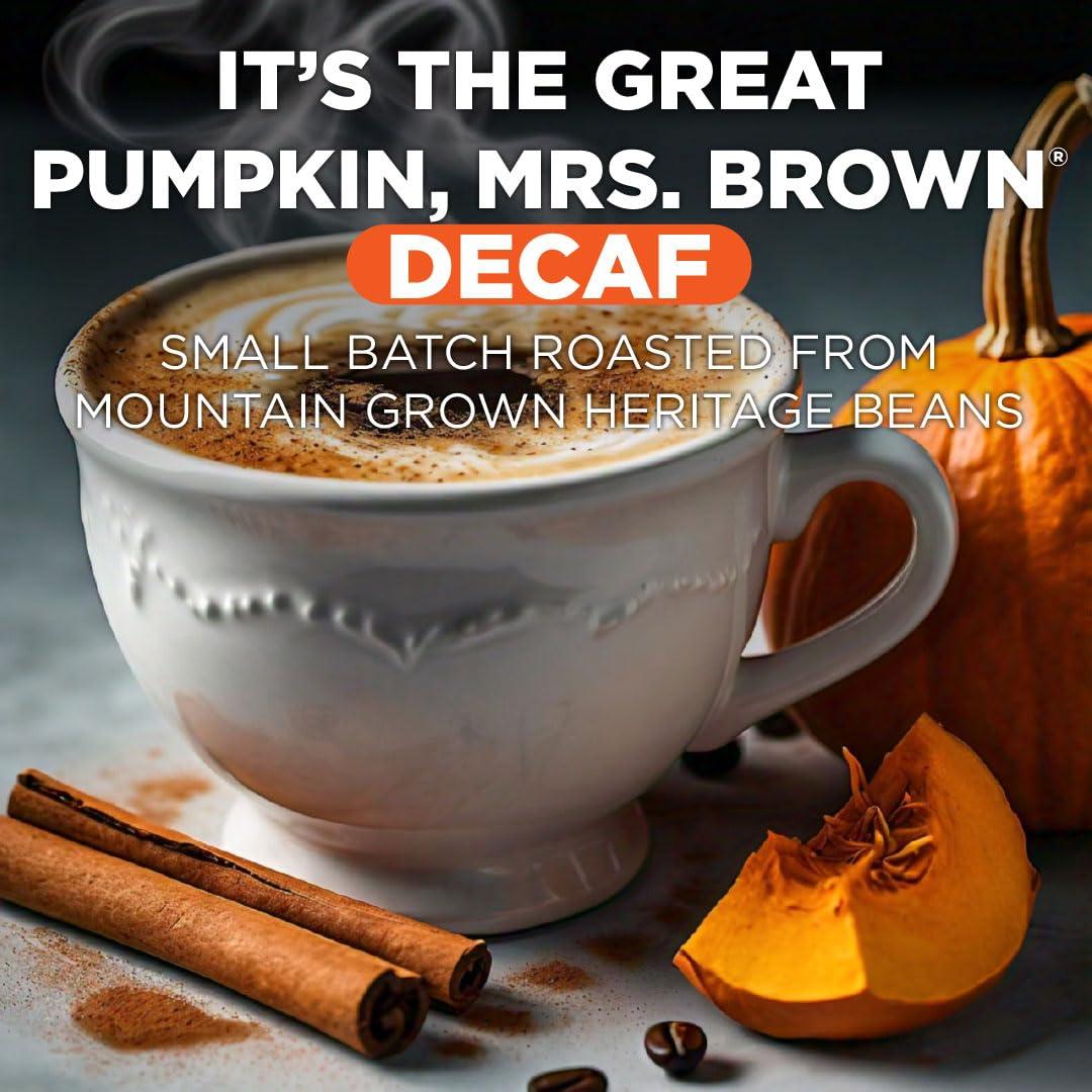 MAUD\'S Maud\'s Decaf Pumpkin Spice Flavored Coffee Pods, 18 ct - Decaffeinated Great Pumpkin Mrs. Brown - 100% Arabica Medium Roast, Solar Energy Produced Recyclable Pods Compatible with Keurig K-Cup Brewers