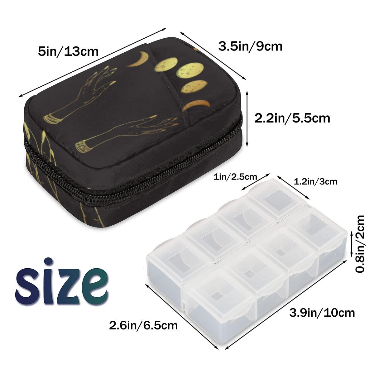 bisibuy Gold Moon Phases Pill Case Weekly Medicine Organizer with Travel Bag Seven-Day Pill Box Vitamin Supplement Box Fish Oil Pills Holder