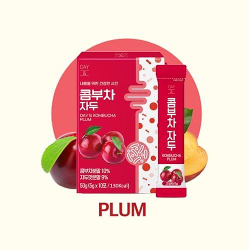 MENBLY Kombucha Powder Tea Pack Korean Healthy Beverage Juice - Korean Tea Drink Zero Sugar, Sparkling Fermented, Probiotics & Prebiotics 10 sticks (Plum)