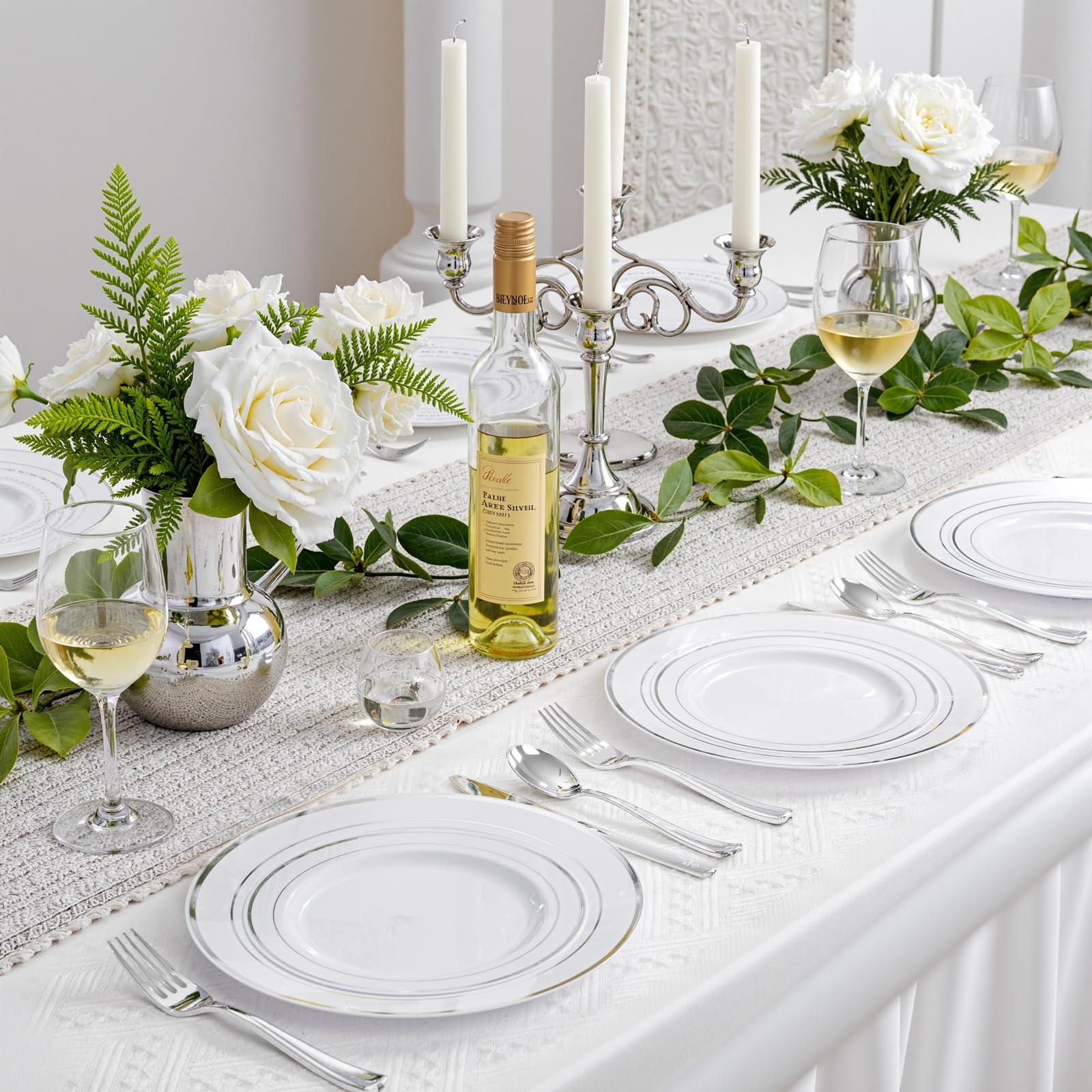 WDF Partyware WDF Partyware 350 Pcs Silver Plastic Plates - Silver Dinnerware Set of 50 Dinner Plates 50 Dessert Plates 50 Silverware 50 Napkins 50 Cups for Party&Wedding