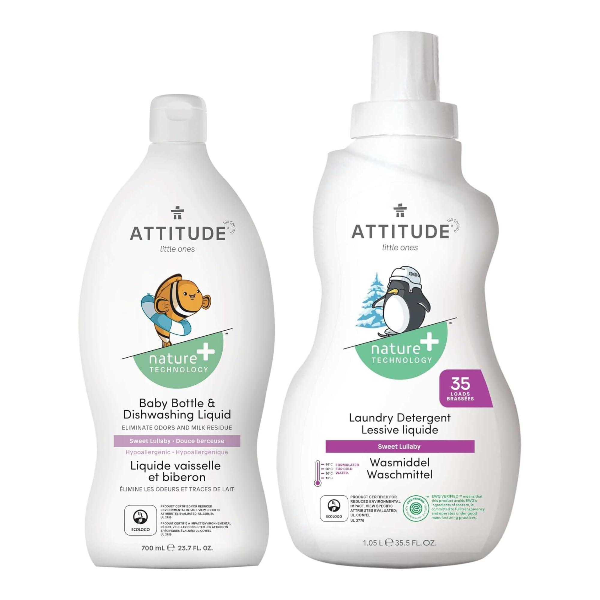ATTITUDE Bundle of ATTITUDE Baby Bottle and Dishwashing Liquid, EWG Verified, Vegan, Sweet Lullaby, 23.7 Fl Oz + Baby Laundry Detergent, EWG Verified, HE Compatible, Sweet Lullaby, 35 Loads, 1.05 Liters