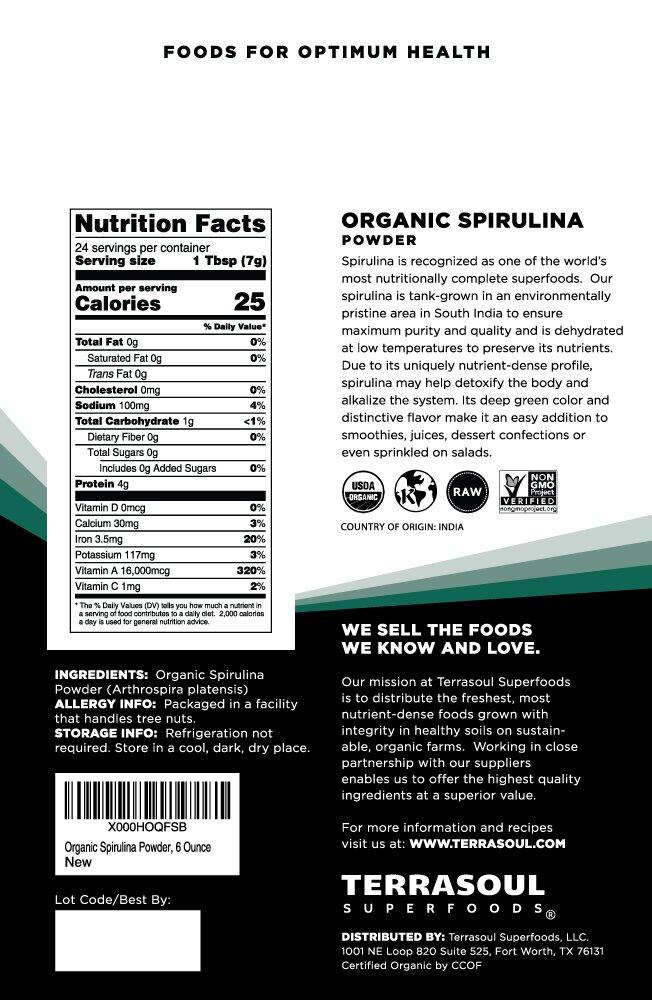 Terrasoul Superfoods Terrasoul Superfoods Organic Spirulina Powder, 6 Oz, Vegan Protein, Green Superfood Boost for Smoothies, Detoxifying Elixirs, and Immune Support