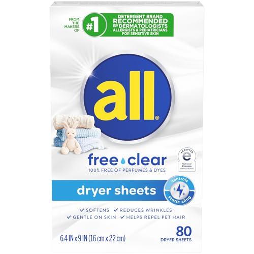 all all Fabric Softener Dryer Sheets for Sensitive Skin, Free Clear, 80 Count