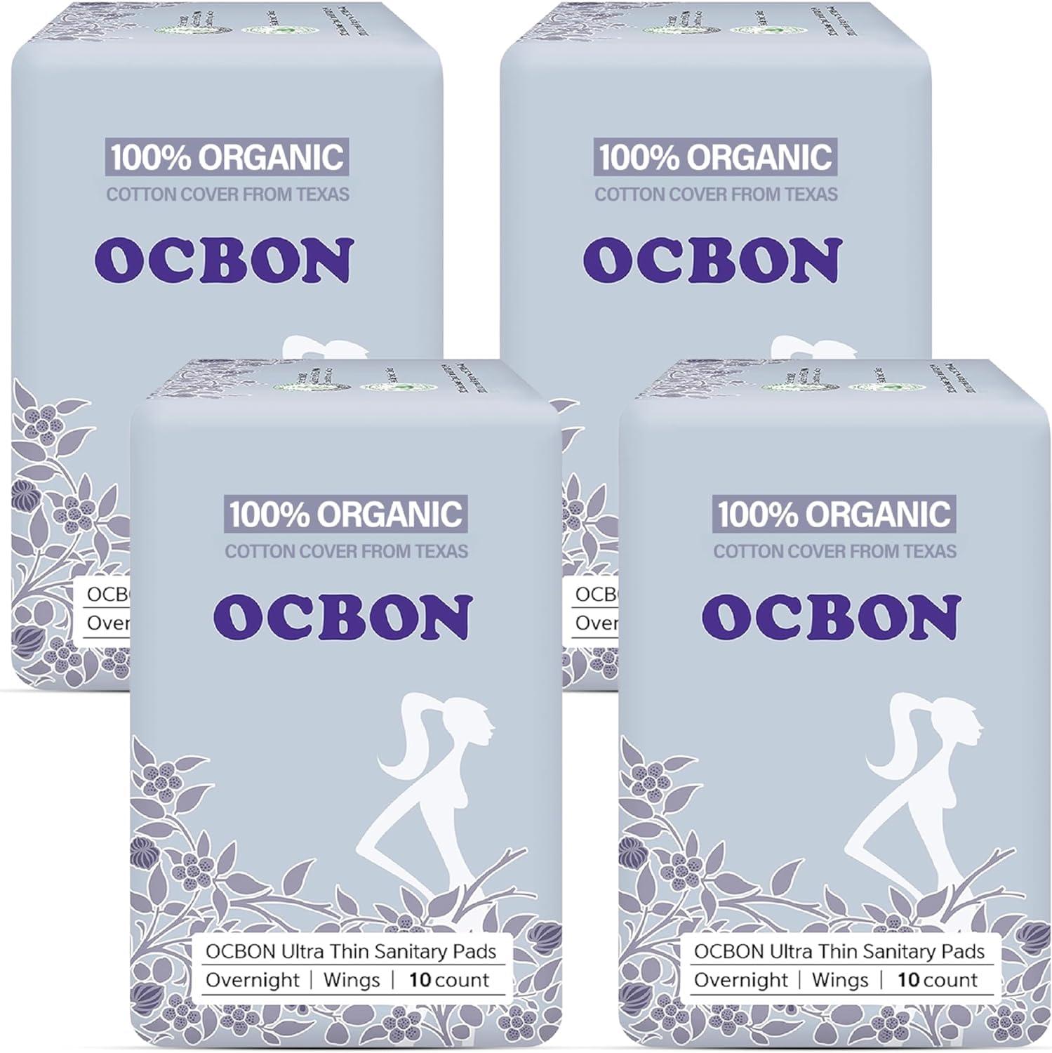 OCBON OCBON Ultra Thin Sanitary Pads Overnight - 100% Organic Texan Cotton Cover with Wings (35cm, 40 Counts)
