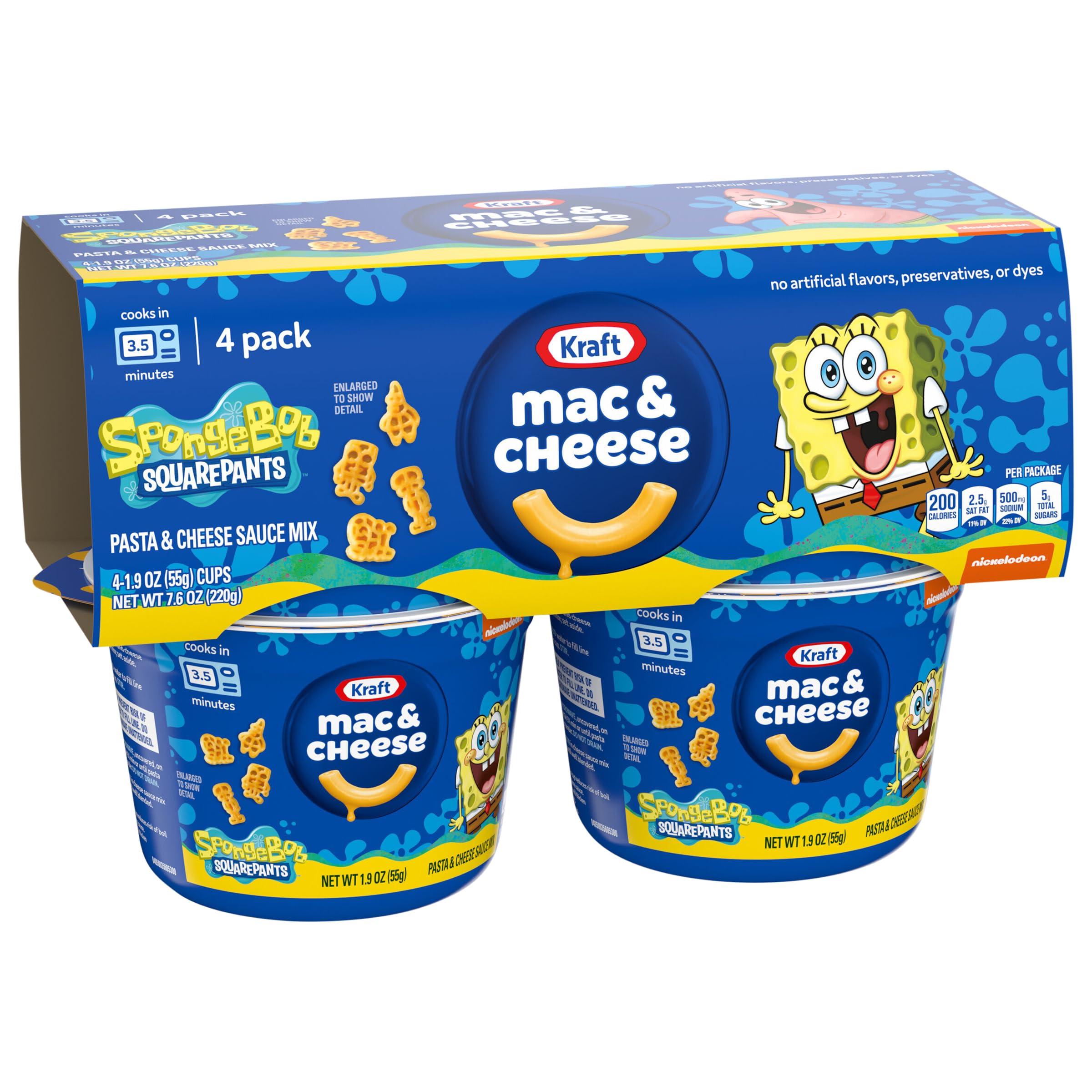 Kraft Mac & Cheese Kraft Mac & Cheese Cups Macaroni and Cheese Microwavable Dinner SpongeBob SquarePants, 4 ct Pack, 1.9 oz Cups (Pack of 2)