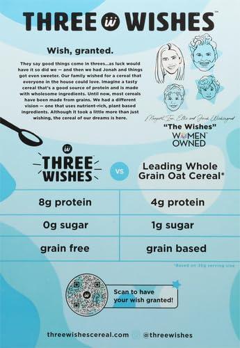 Three Wishes Plant-Based and Vegan Breakfast Cereal by Three Wishes - Unsweetened, 1 Pack - More Protein and Less Sugar Snack - Gluten-Free, Grain-Free - Non-GMO