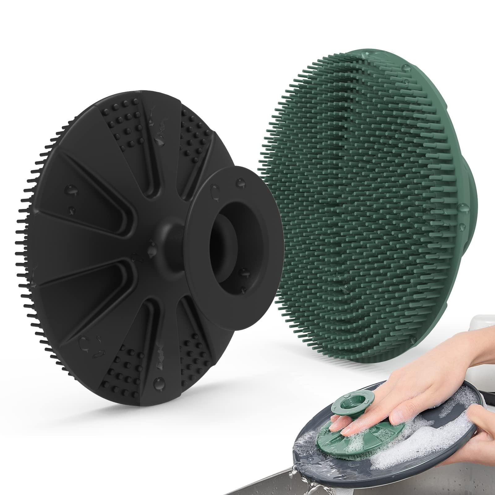 BEAUTAIL Silicone Sponge, BEAUTAIL Non-Scratch Scrub Sponges, for Washing Dishes and Cleaning Kitchen, Long Lasting and Reusable Dishwashing Scrubber, Suction Up Hang Designed, 2 Pack, Black+Olive Green