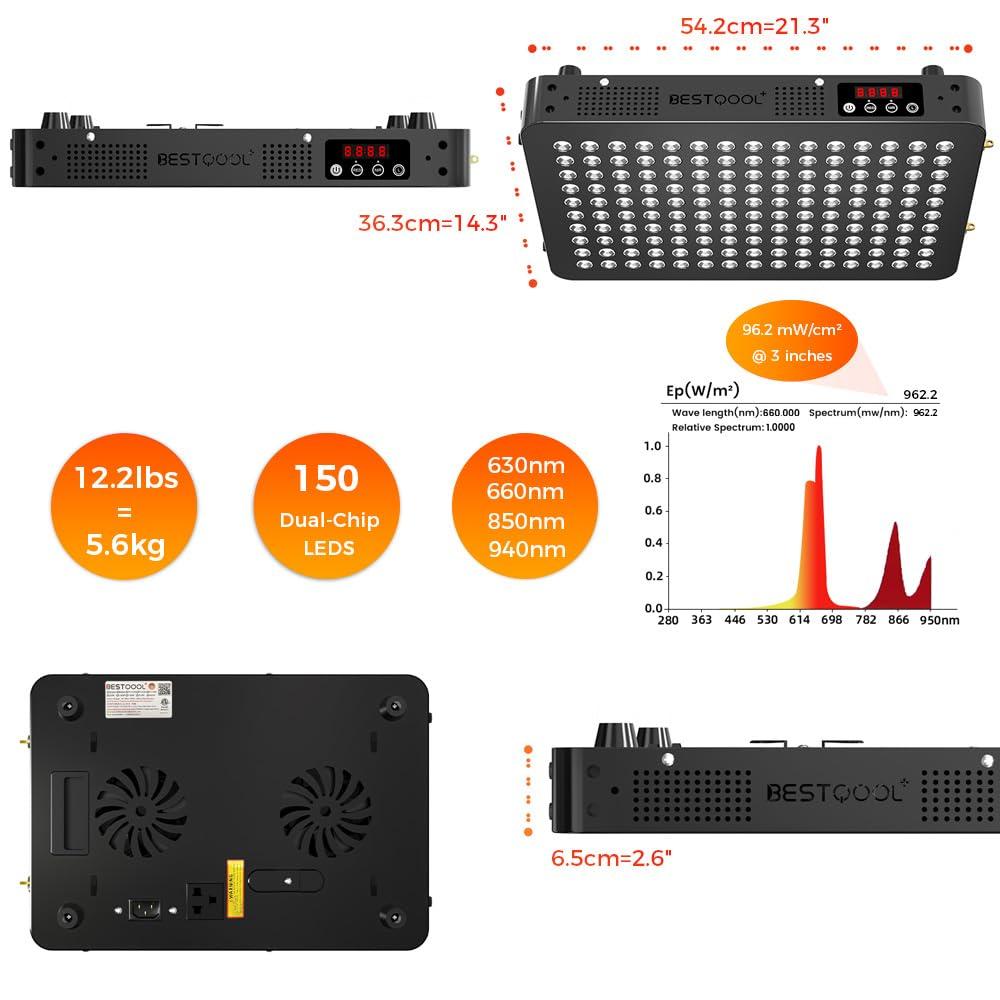 Bestqool Bestqool Red Light Therapy Device, 4 Wavelengths Full Body Near Infrared Light Therapy, Elite Grade Dual Chip 150 LEDs, High Power Output Red Light Panel for Anti-Aging, Pain Relief. 250W.