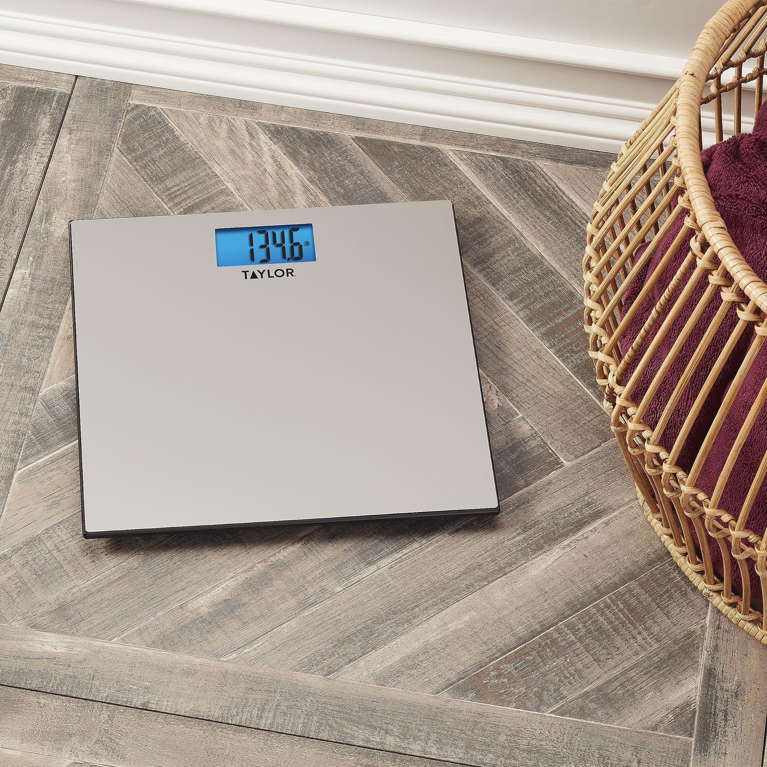 Taylor Taylor Digital Scales for Body Weight, High 400 LB Capacity, Brushed Stainless Steel Thin Glass Platform, Unique Blue LCD, Durable Platform, 11.8 x 11.8 Inches, Stainless Steel