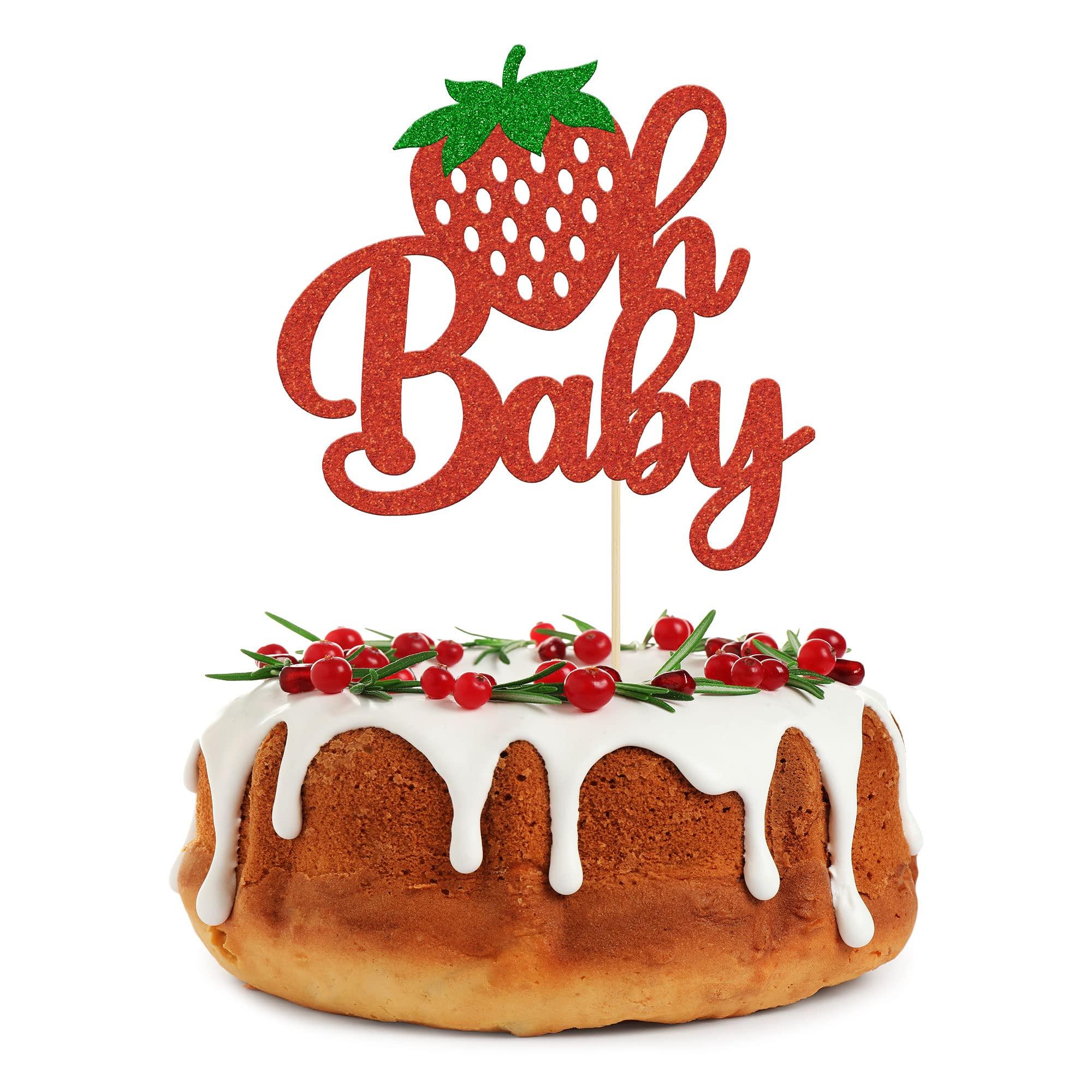 Gyufise 1Pc Strawberry Oh Baby Cake Topper Red Glitter Babyshower Strawberry Cake Pick Decoration for Sweet Fruit Theme Baby Shower Kids Birthday Party Supplies