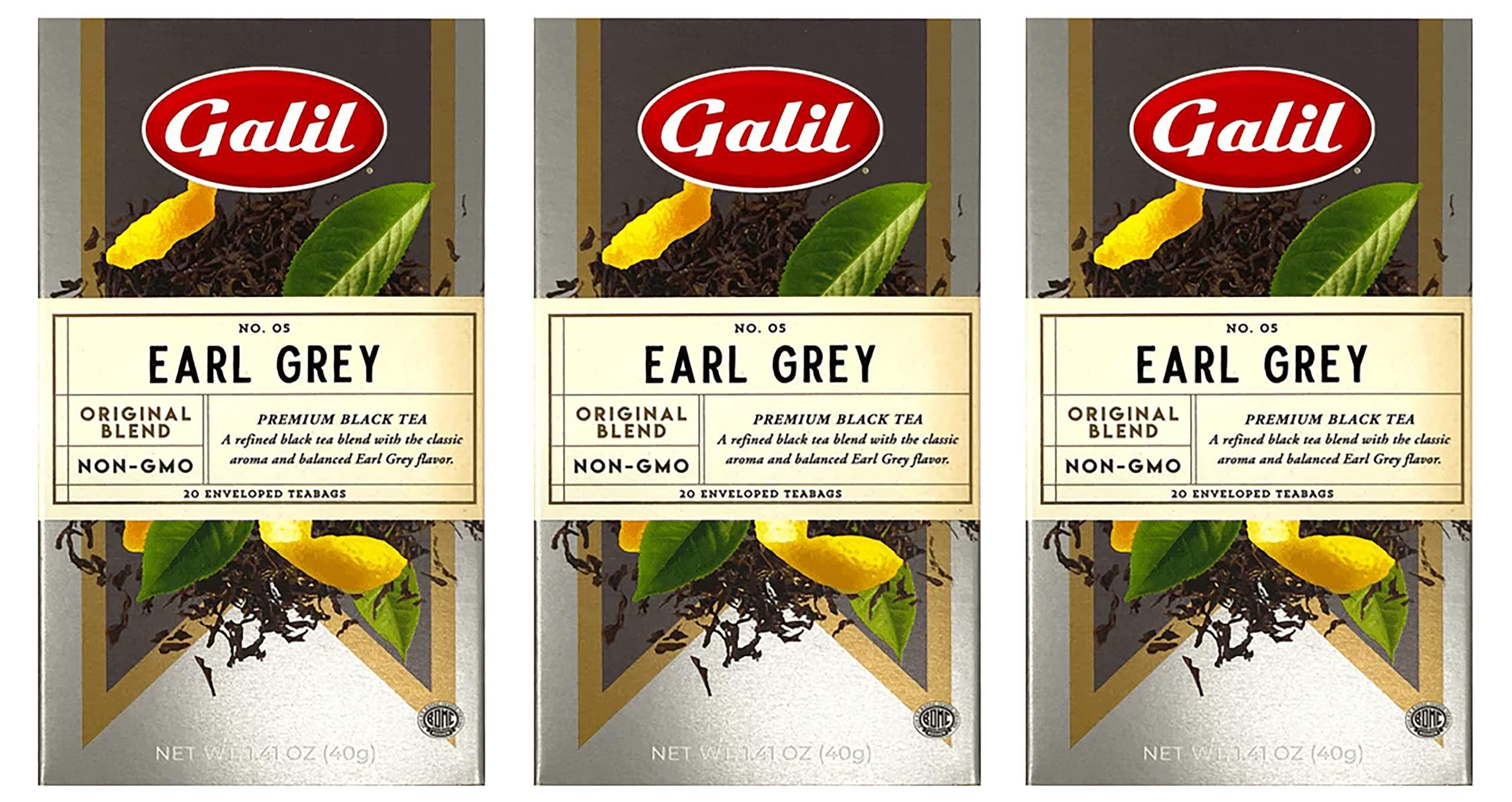 Galil Galil Earl Grey Tea – Black Tea, Certified Kosher Tea – Non-GMO Black Tea Teabags 20 Count, 60 Tea Sachets Total (Pack of 3)