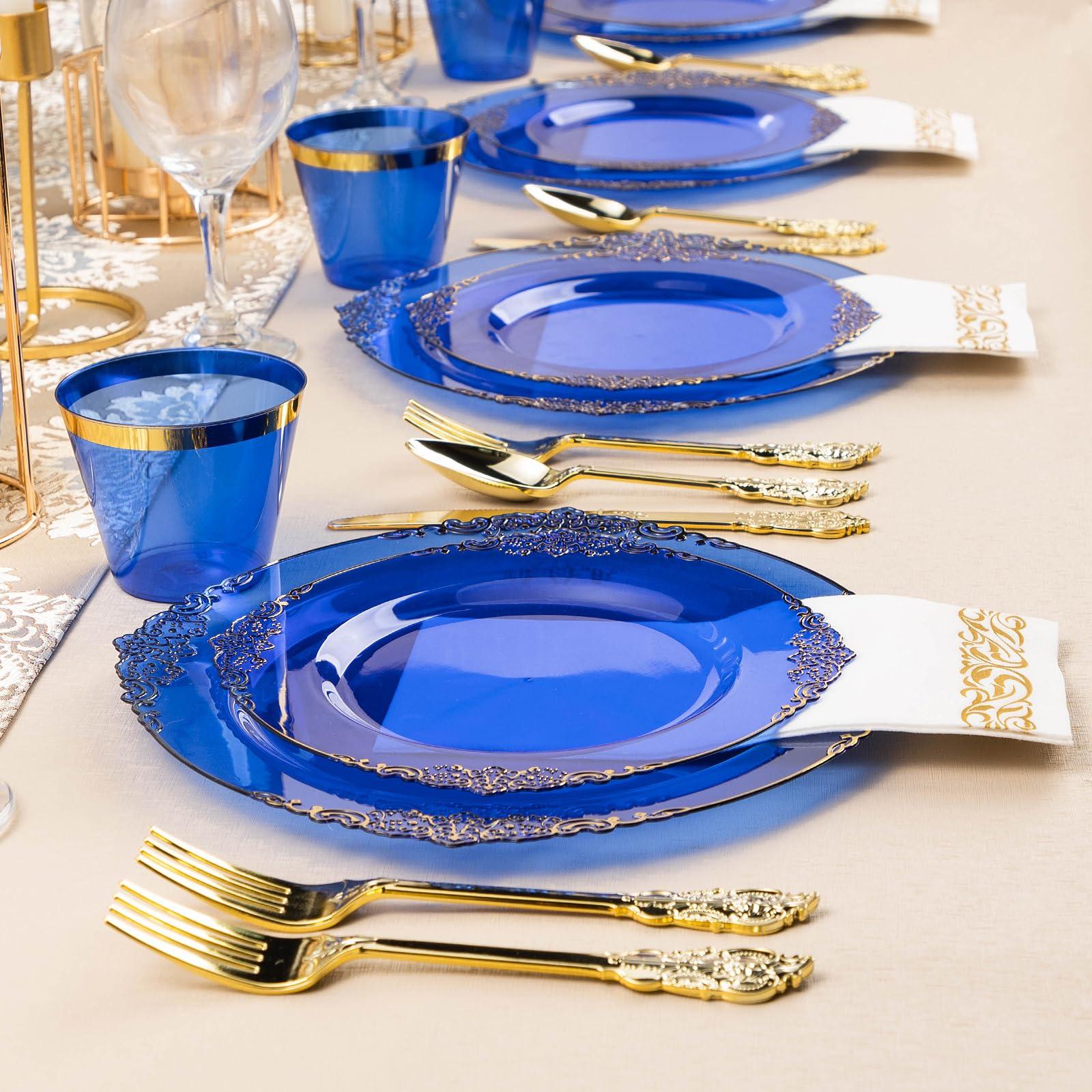 Bestluck Bestluck 350PCS Clear Blue Plastic Plates for 50 Guests, Disposable Plates with Gold Trim include 50 Dinner plates, 50 Dessert Plates, 150 Gold Silverware, 50 Cups, 50 Napkins for New Years Eve