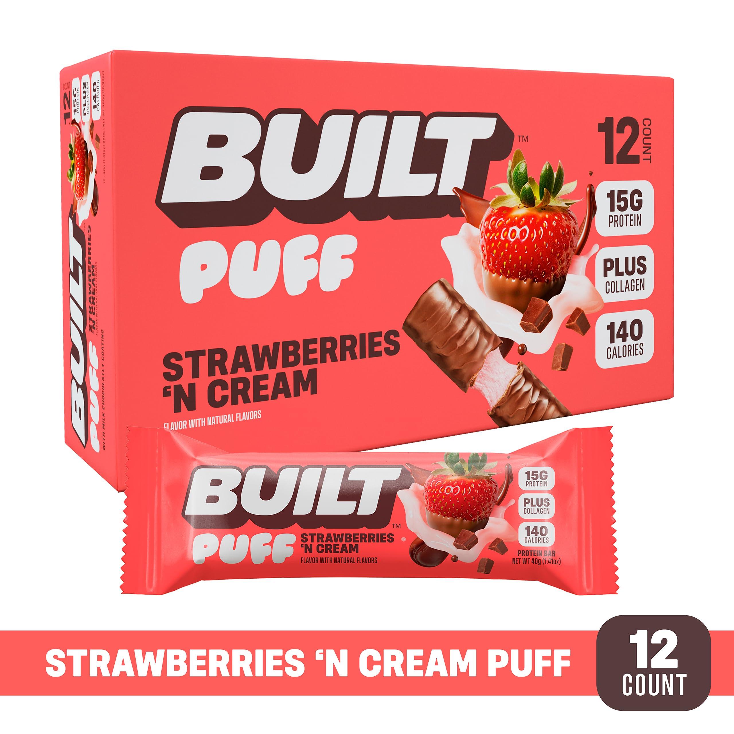 Built Bar BUILT Puffs Protein Bars, Strawberries \'N Cream Puff - High Protein Bars, 15g High Protein Snacks, On-The-Go Bars with only 140 Calories, 8g Sugar, Collagen, Gluten Free, 12 Count