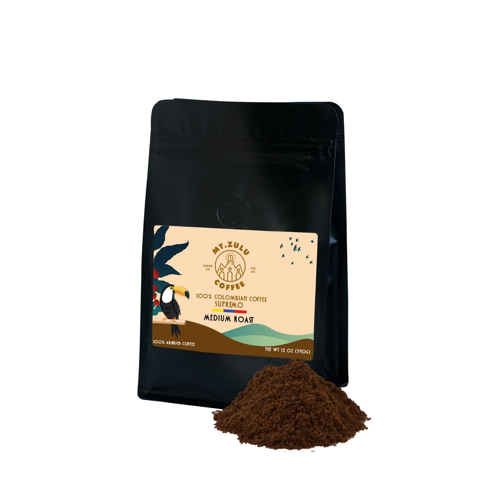 MT. ZULU COFFEE Mt. Zulu Colombian Supremo Ground Coffee, Medium Roast, Gourmet 83.5 Cupping Score, Hand-Roasted at Origin, 100% Arabica, Balanced Cup, 12 oz Bag