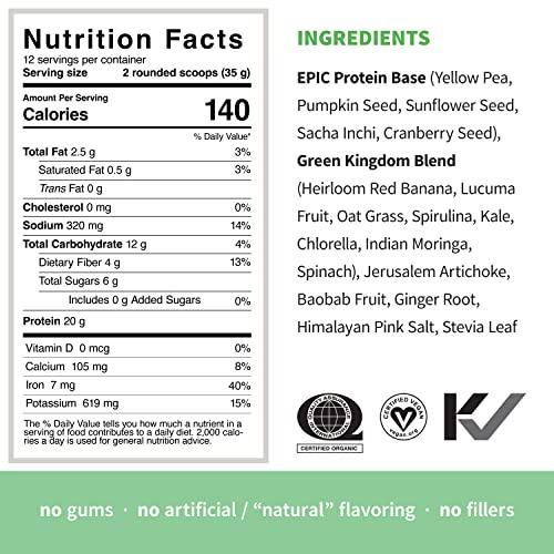 Sprout Living Sprout Living Epic Protein, Plant Based Protein & Superfoods Powder, Green Kingdom | 20 Grams Organic Protein Powder, Greens, Vegan, Non Dairy, Non-GMO, Gluten Free, Low Sugar (1 Pound, 12 Servings)