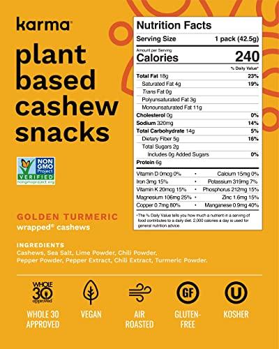 Karma Golden Turmeric Cashews with Skin by Karma Nuts, Whole, Roasted, Vegan, Gluten Free, Low Net Carb, Natural, Everyday Nut Snack, 1.5 Ounce (12 Snack Packs)