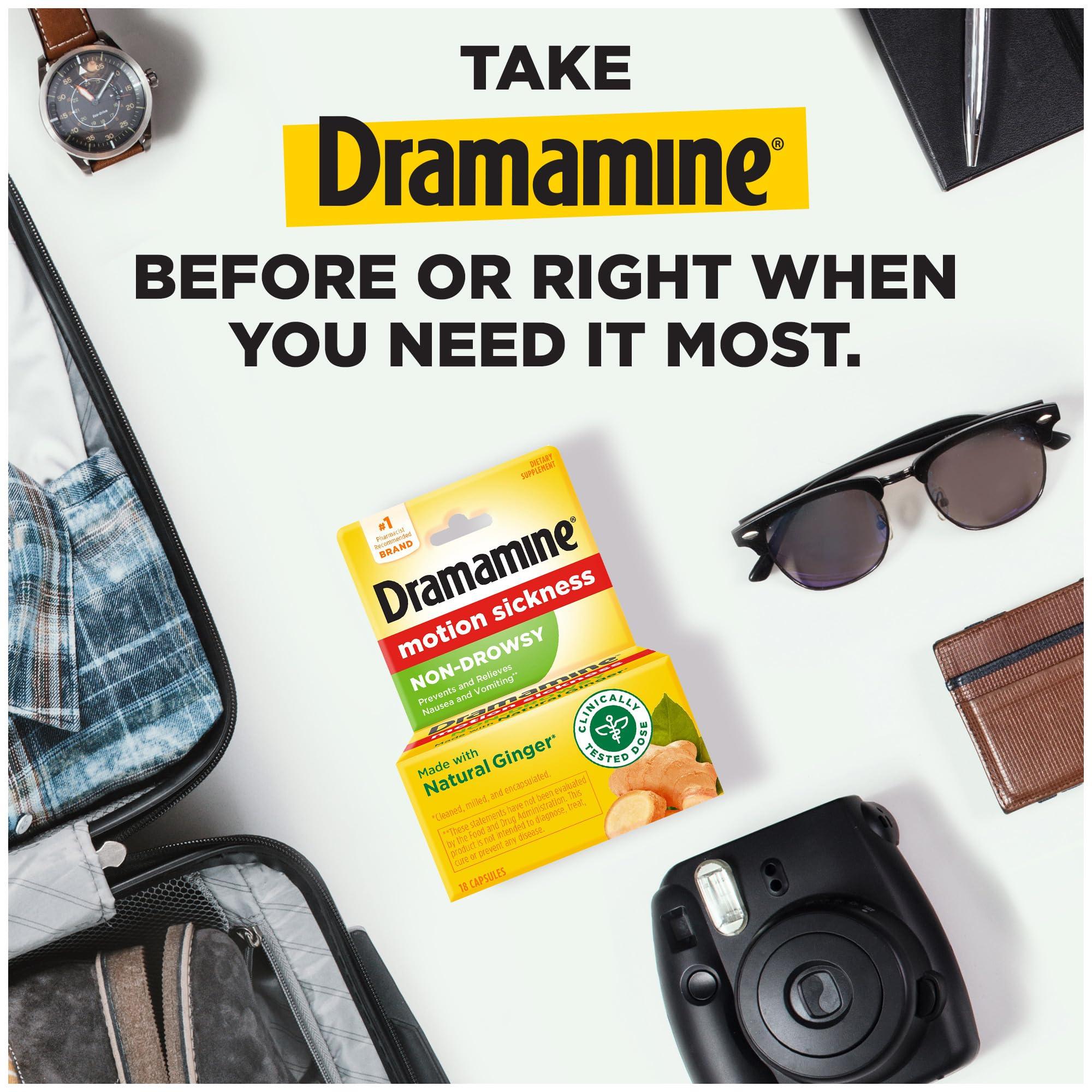 Dramamine Dramamine Non-Drowsy, Motion Sickness Relief, Made with Natural Ginger, 18 Count, 2 Pack & Motion Sickness Relief Less Drowsey Formula, 8 Count