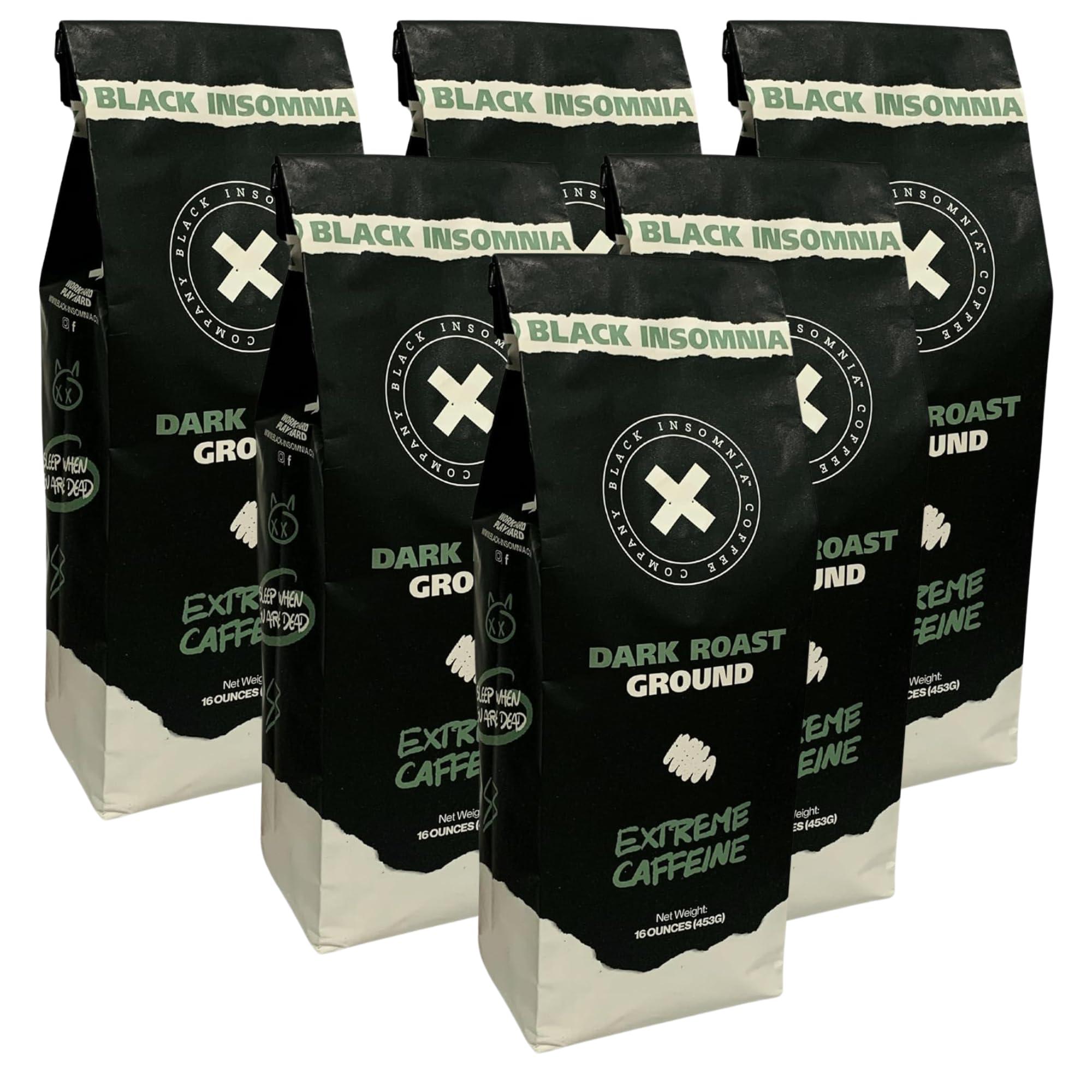 BLACK INSOMNIA COFFEE Black Insomnia Coffee - Dark Roast Ground - The Strongest Coffee in the World - 1lb (Pack of 6)