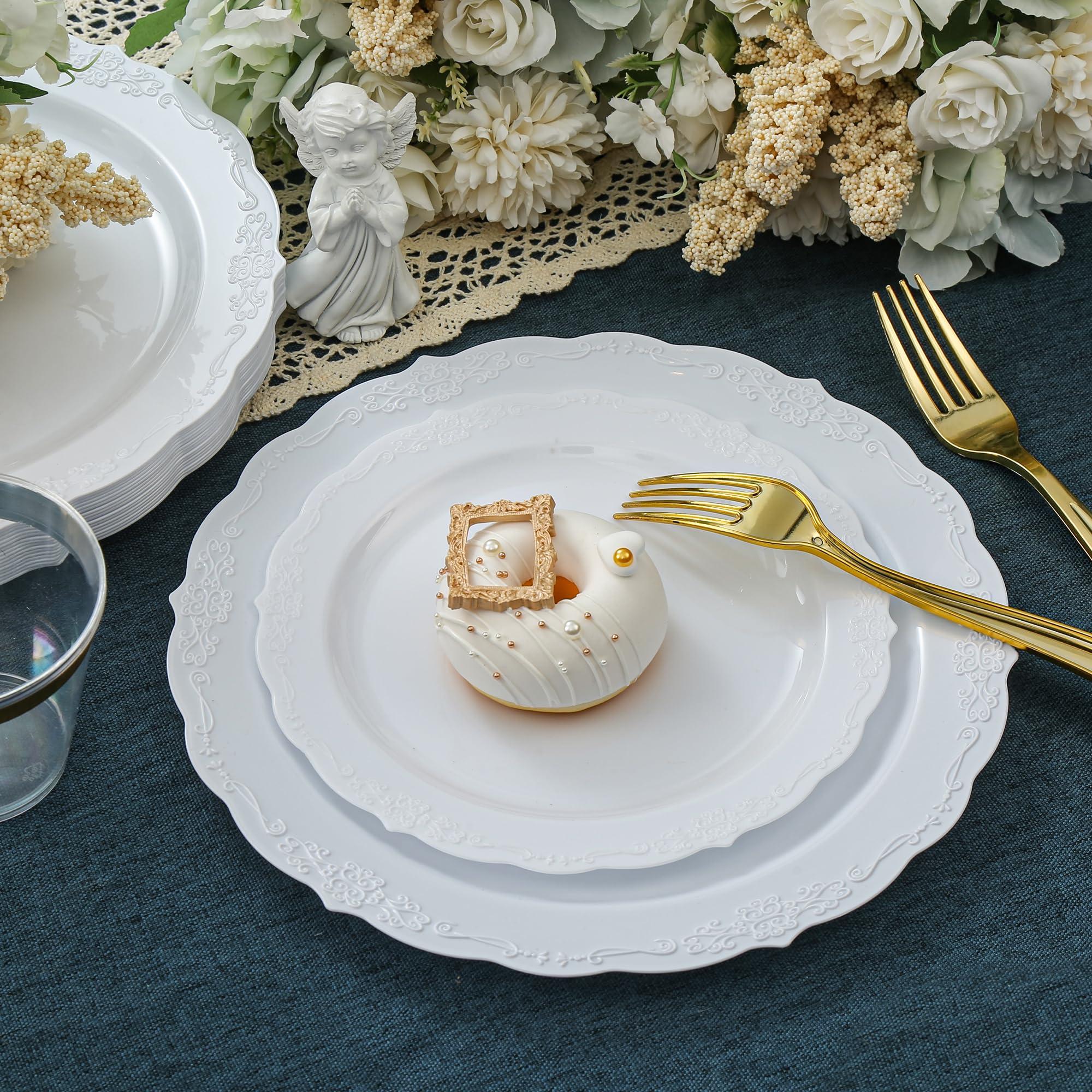 Conflech Conflech 100 Pieces White Plastic Plates - 10.25inch Dinner Disposable Plates - Premium Heavy Duty Hard Disposable Dinner Plates - Party Supplies for Birthdays, Celebrations, Wedding