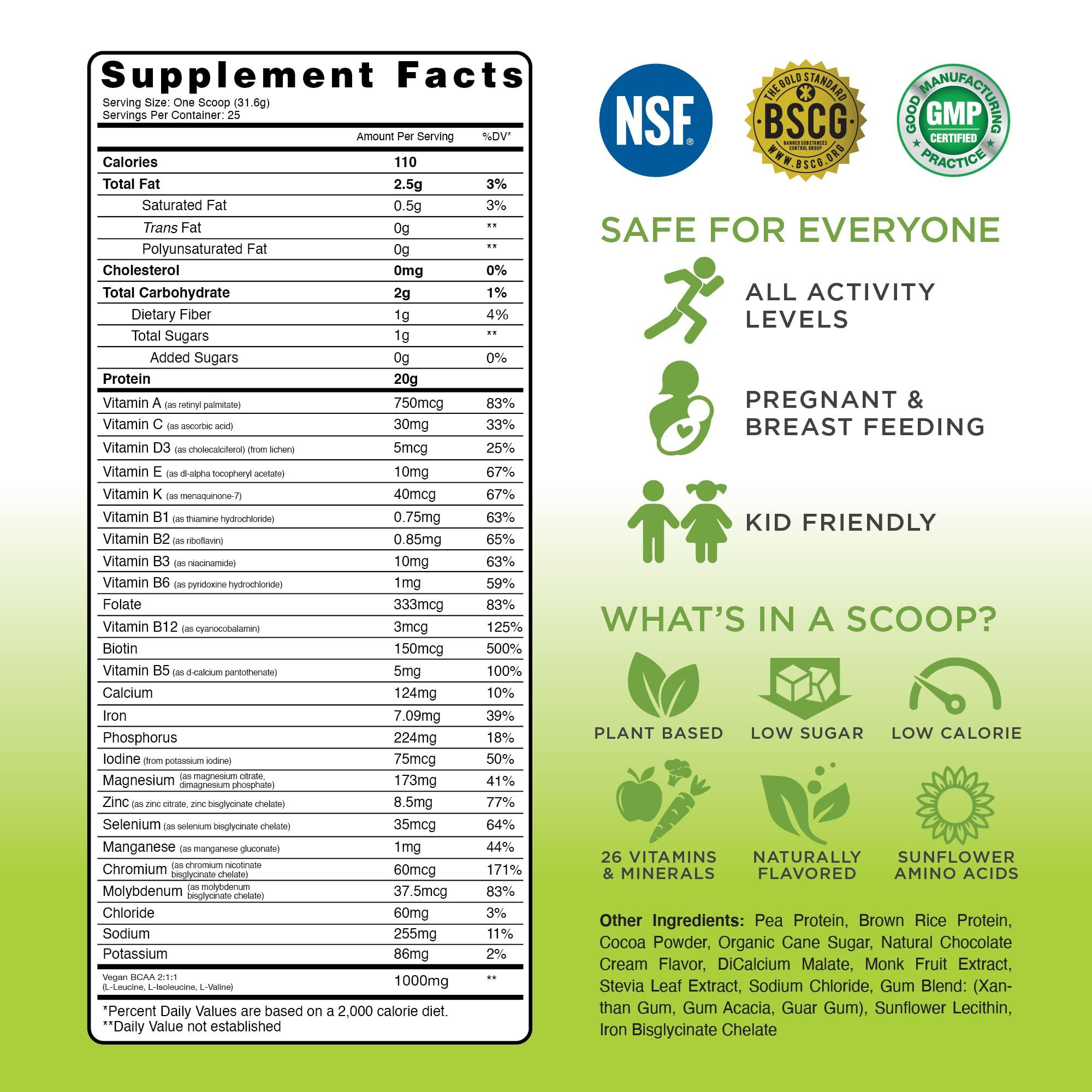 TRU Supplements TRU Plant Based Protein Powder, BCAA, EAA, 20g Vegan Protein, 100 Calories, 27 Vitamins, No Artificial Flavors 25 Servings (Natural Chocolate Cream)