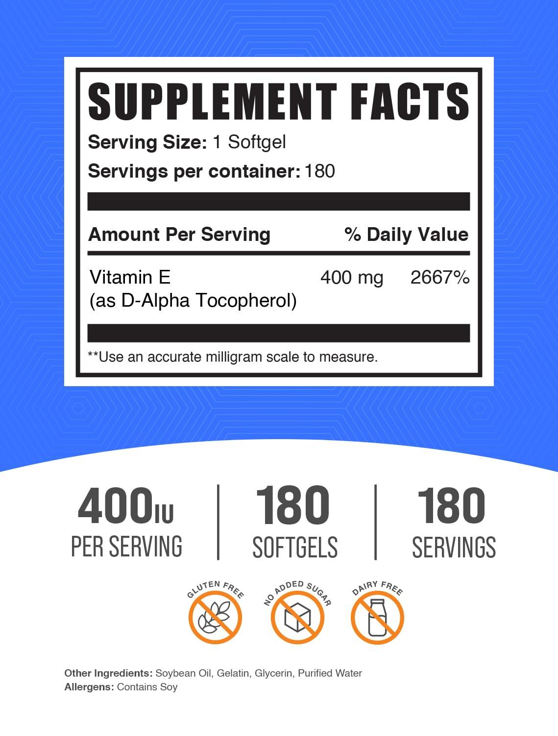BULKSUPPLEMENTS.COM BulkSupplements.com Vitamin E 400 IU Softgels - Vitamin E Supplement, Vitamin E Softgels - as D-Alpha-Tocopherol, Antioxidants - Gluten Free, 1 Softgel per Serving, 180 Count (Pack of 1)
