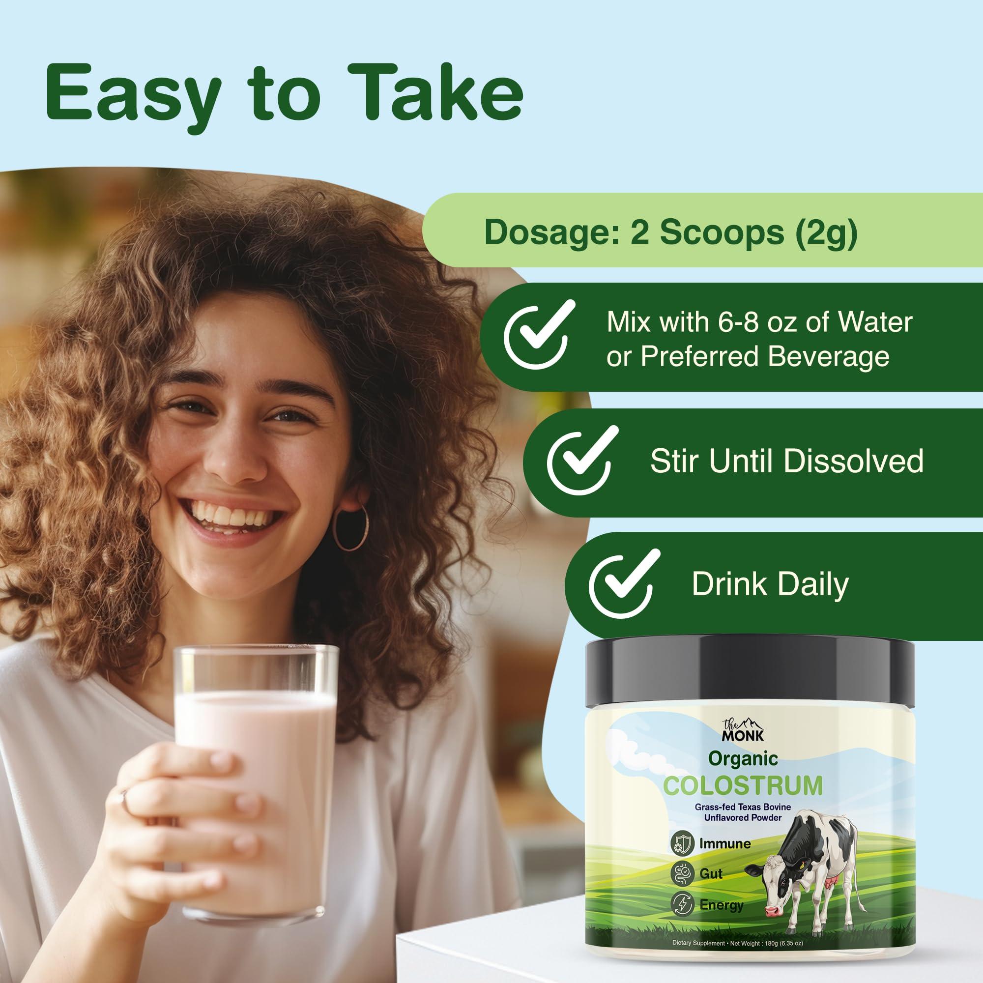 THE MONK Colostrum Supplement - Grass Fed Texas Bovine Whole Colostrum Powder for Immune, Gut & Wellness - Ultimate Ig Superfood - Unflavored - 100% Pure - 6.35 Oz - 90 Servings (Best Value) - Made in The USA