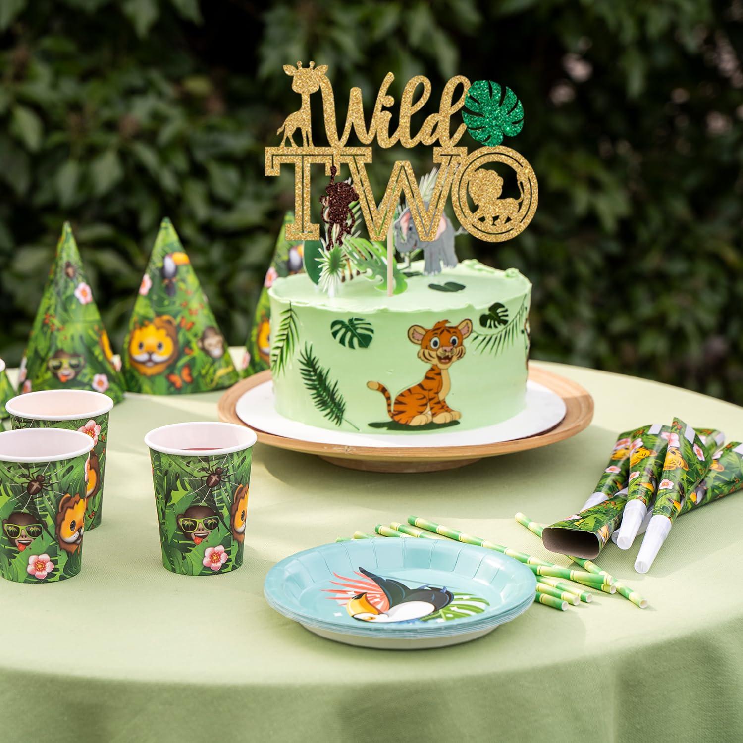 Sriburcio Gold Glitter Two Wild Cake Topper, Born Two Be Wild/Happy 2nd Birthday/Two Cute/Two Fast, Jungle Wild Themed Baby's 2nd Birthday Party Decorations