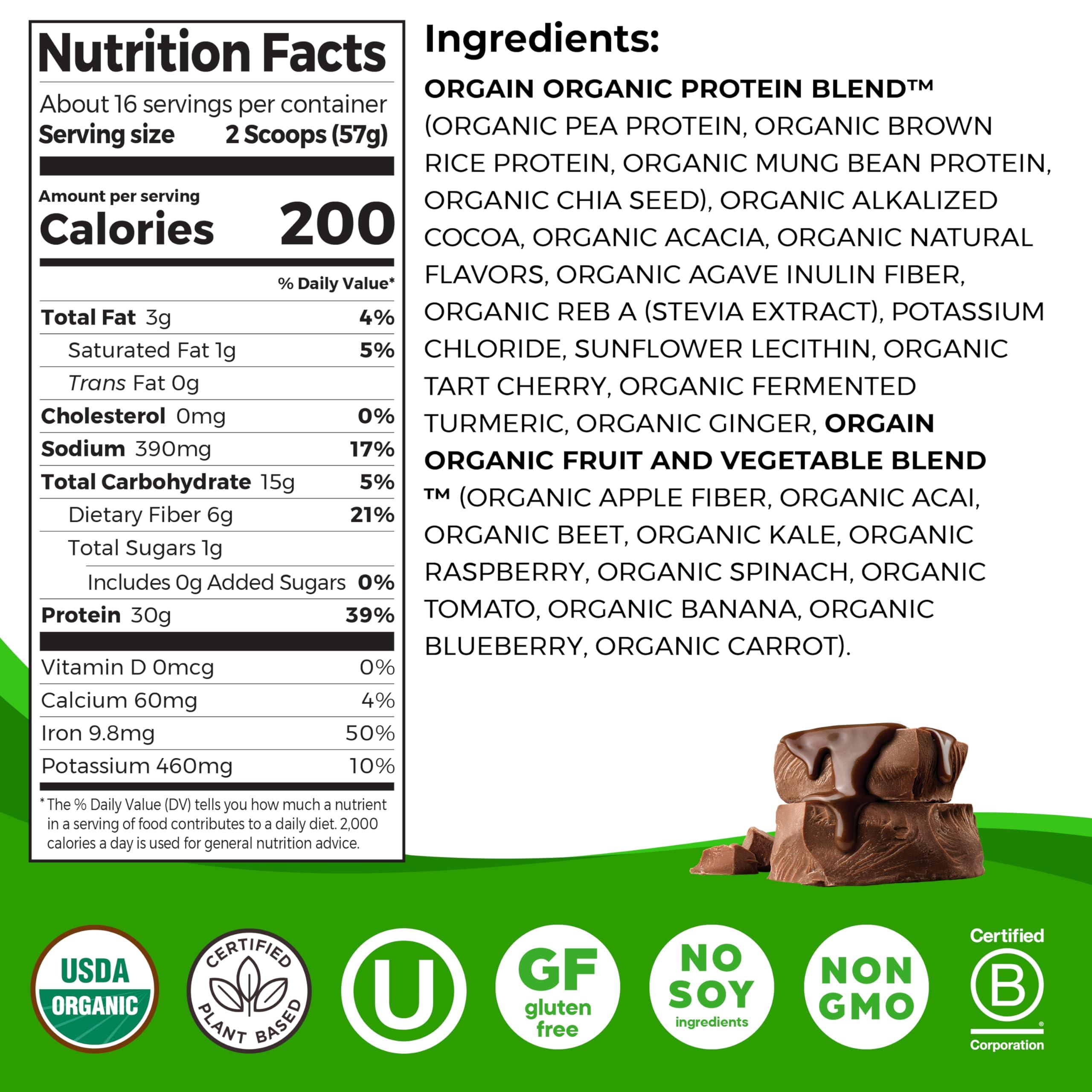 Orgain Orgain Organic 30g Vegan Protein Powder, Chocolate 9g EAAs + BCAAs, Plant Protein, 6g Prebiotic + Fiber, 1g Sugar, Pre-Workout, Muscle Support + Recovery - 2.01lb (Packaging May Vary)