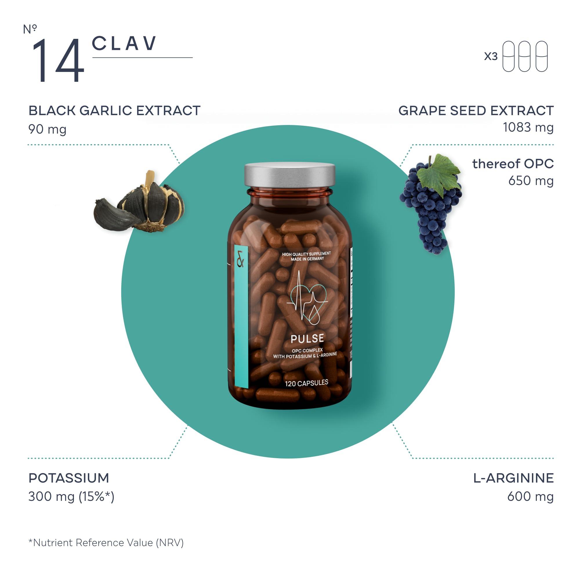 CLAV CLAV Premium Blood Pressure Support Supplement with Grape Seed Extract, L-Arginine, Black Garlic Extract & Potassium - 120 Capsules