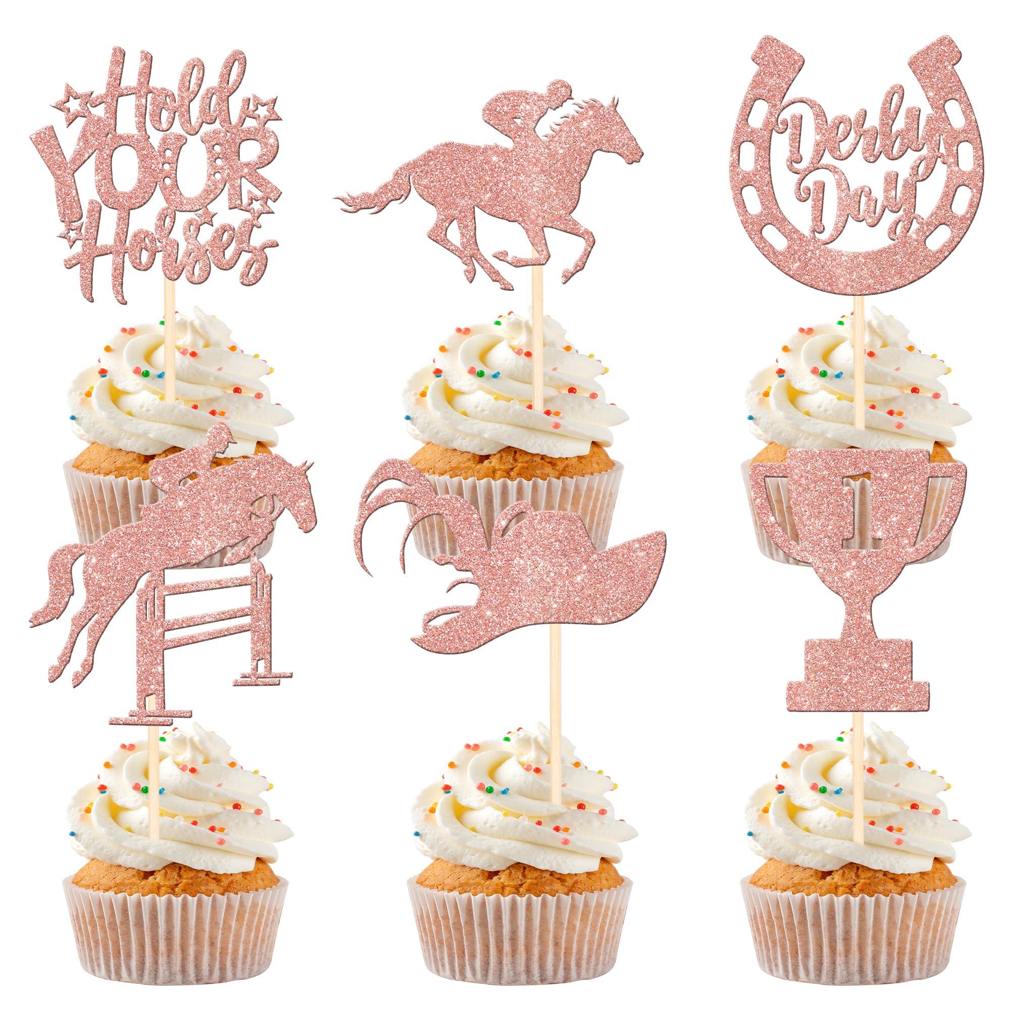 ZHUOWEISM 24 PCS Derby Horse Cupcake Toppers Glitter Horse Racing Cupcake Picks Sports Equestrian Theme Baby Shower Kids Birthday Kentucky Derby Party Cake Decorations Supplies Rose Gold