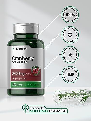 Horbach Horbach Cranberry Pills with Vitamin C | 8400mg | 200 Softgels | Concentrate Extract Supplement | Non-GMO, Gluten Free