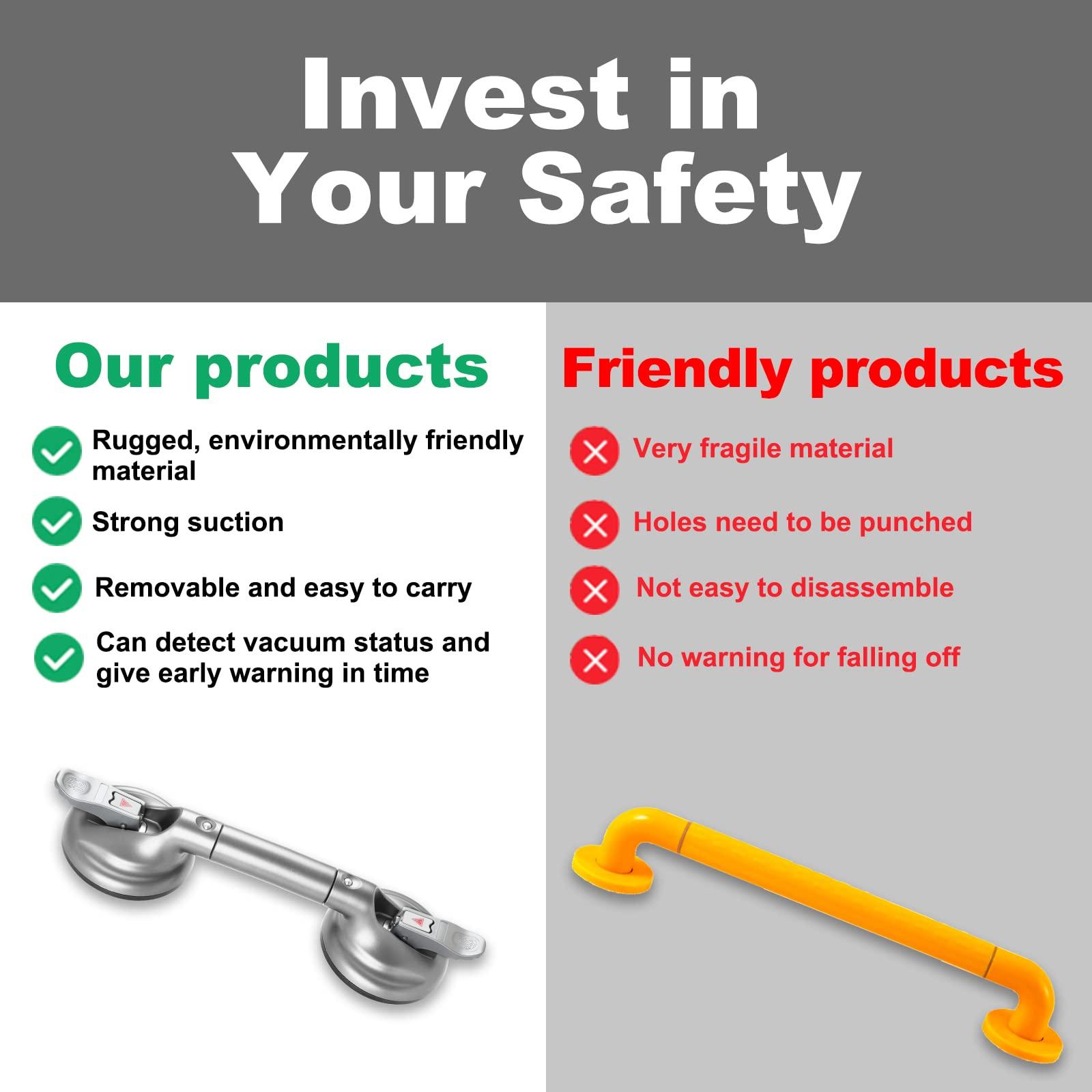 DAREN MEDICAL DAREN MEDICAL Heavy Duty Suction Shower Grab Bar - Toilet Bathroom Bathtub Safety - Shower Handles, Suction Cup Power Up to 250 LB, Perfect for Elderly Seniors(14.5 Inch, Gray Silver)