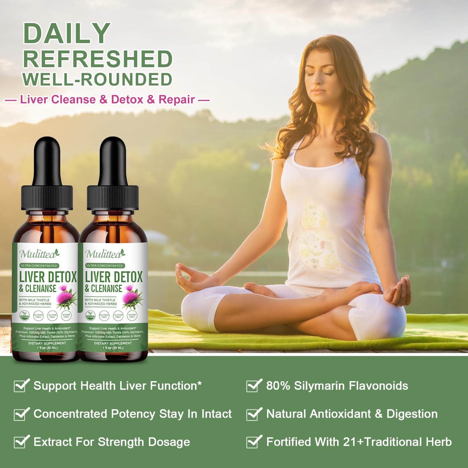 Mulittea (2 Pack) Liver Health Liquid Drops -Support Liver Cleanse Detox & Repair with Artichoke Milk Thistle Silymarin Extract, Dandelion,Turmeric, Berberine to Renew w/21 Potent Herb-Nutrients-