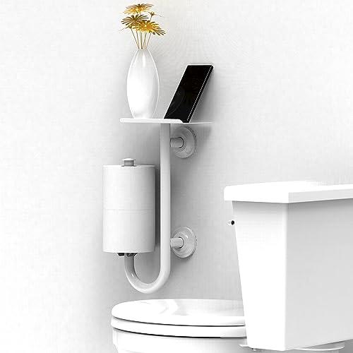 AquaChase AquaChase 3-in-1 Toilet Safety Grab Bar with Built-in Tissue Paper Holder and Phone Shelf, for 2 Mega Rolls, 250lbs Weight Support When Mounted in Stud, White Right-Hand