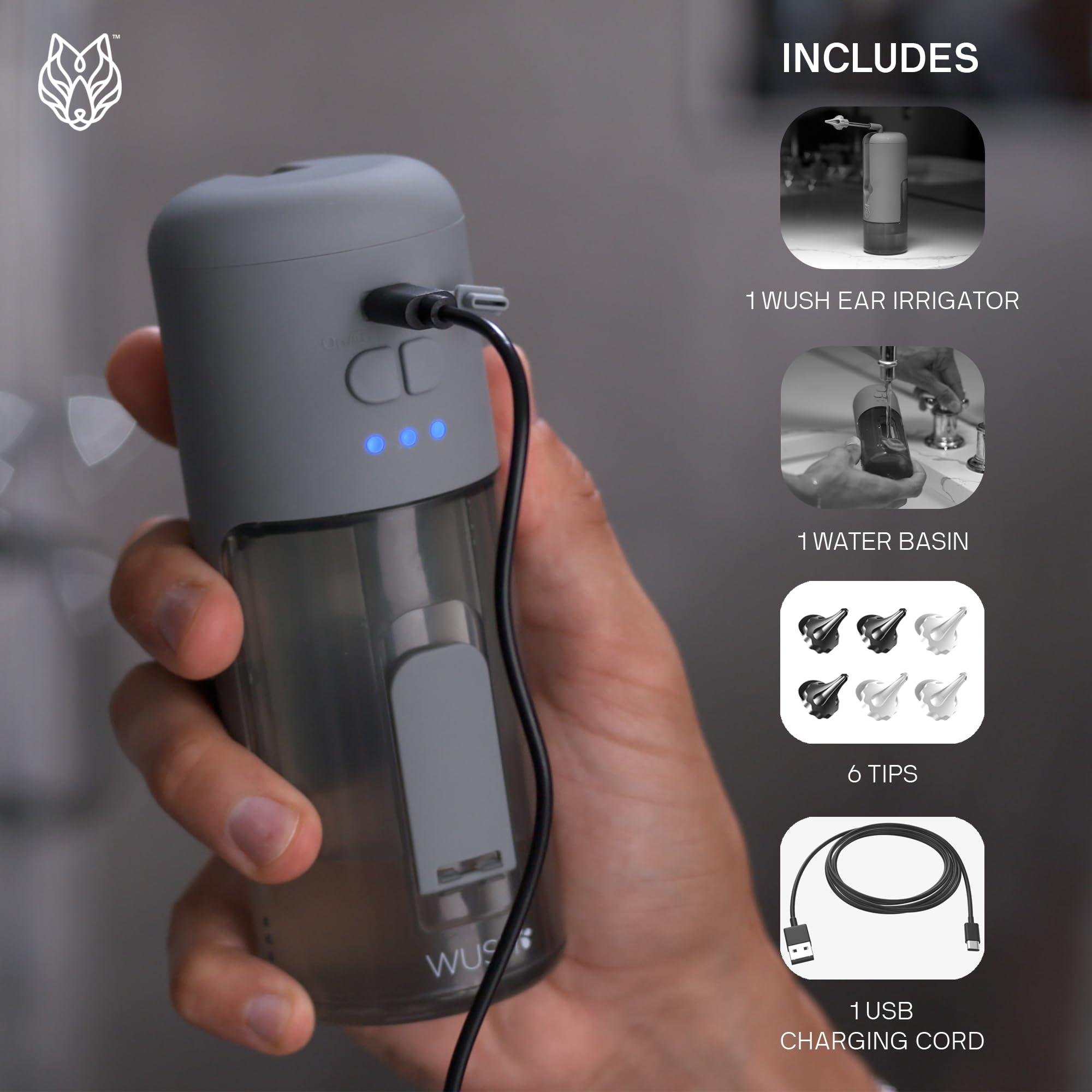 Black Wolf Wush Pro by Black Wolf - The Original Deluxe Water Powered Ear Cleaner with 6 Reusable Replacement Tips by Black Wolf - Safe & Effective for Ear Wax Buildup - Electric Ear Wax Removal Kit (Grey)
