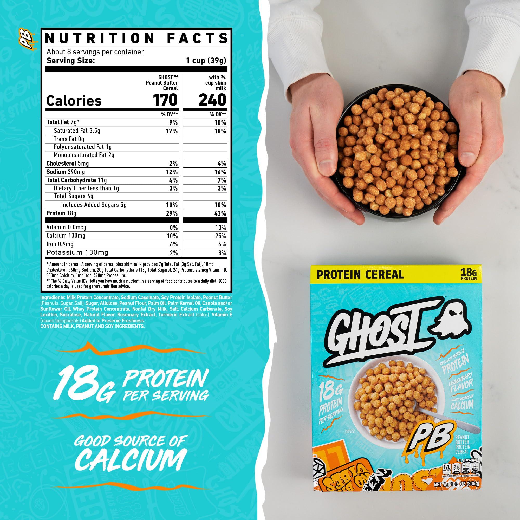 GHOST GHOST Protein Cereal, Peanut Butter Flavor (3-Pack) - Crunchy Peanut Butter Cereal Puffs - 18G Protein, Good Source of Calcium - Breakfast Cereal & Snack - 10.8oz Box