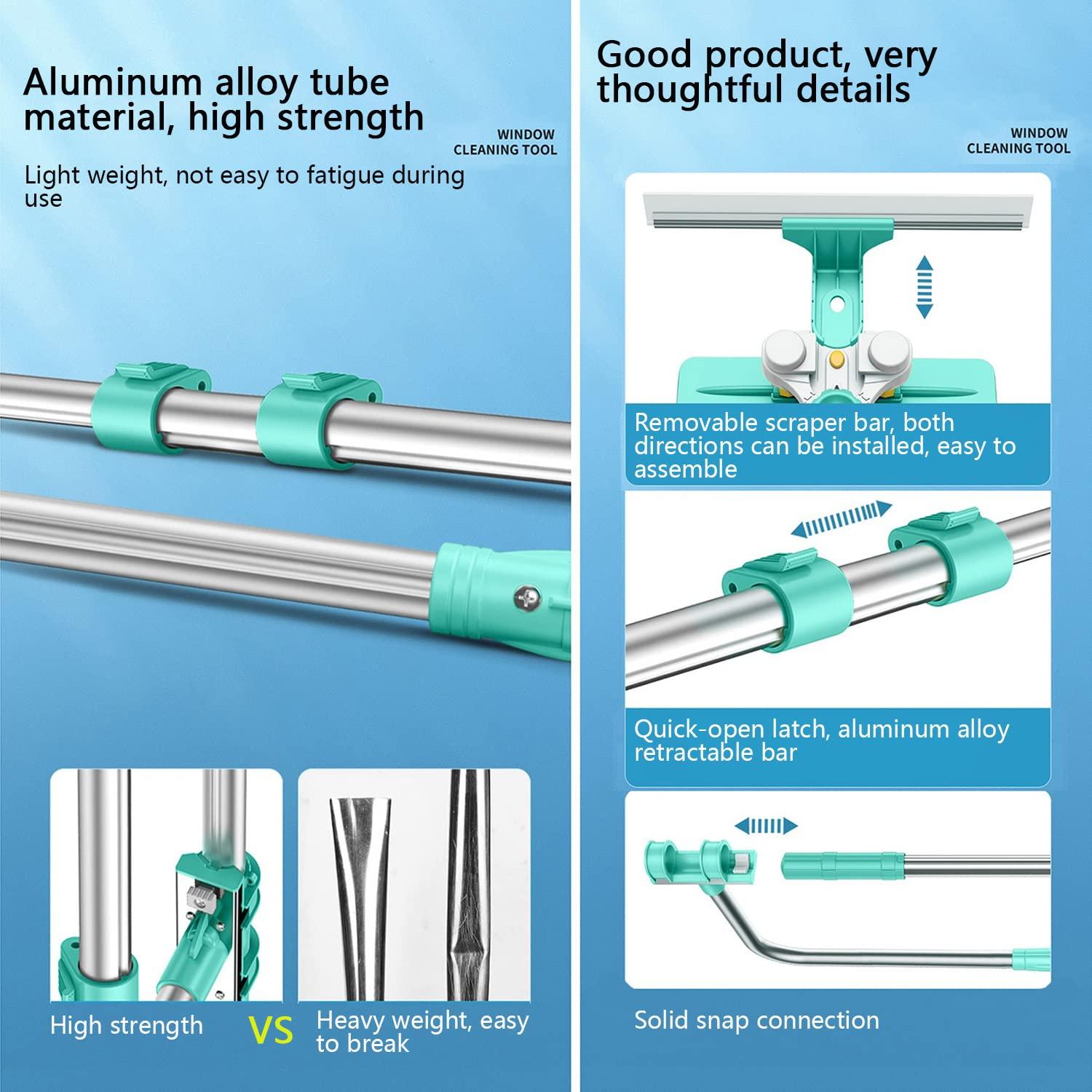 WWBDZSW Window Cleaner Tool Kit with Telescopic U Shaped Pole,Squeegee for Window Washing,Rotatable Cleaning Head and Floating Mechanism,Clean without Leaving Dead Ends-green||Floating 3 cloth