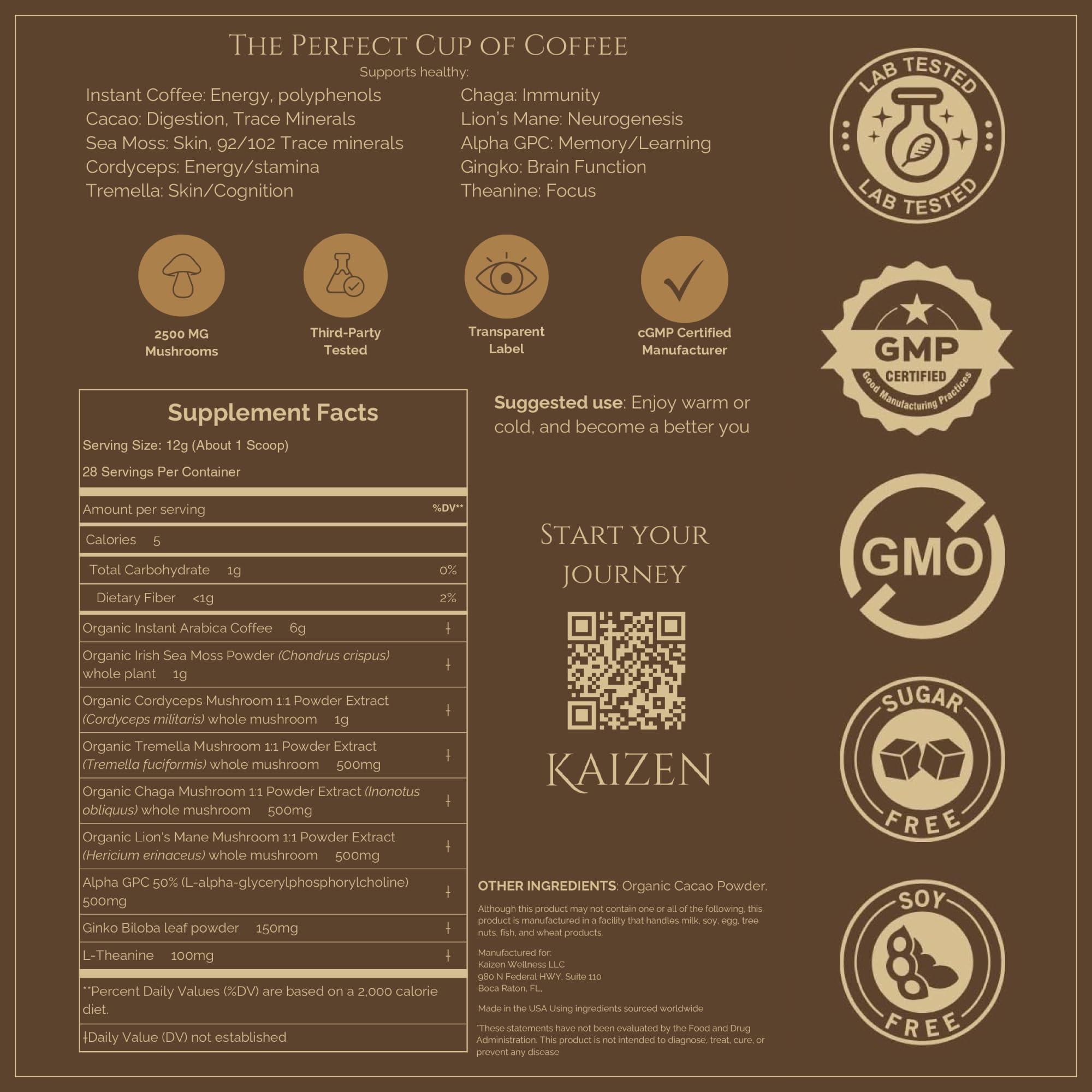 Kaizen Kaizen Coffee - Premium Mushroom Nootropic Blend With Irish Sea Moss, Coffee, Mushrooms, Cacao, Theanine - Performance, Clarity, Energy, Wellness - Clean Caffeine - Adaptogenic Instant Powder - 12.7oz