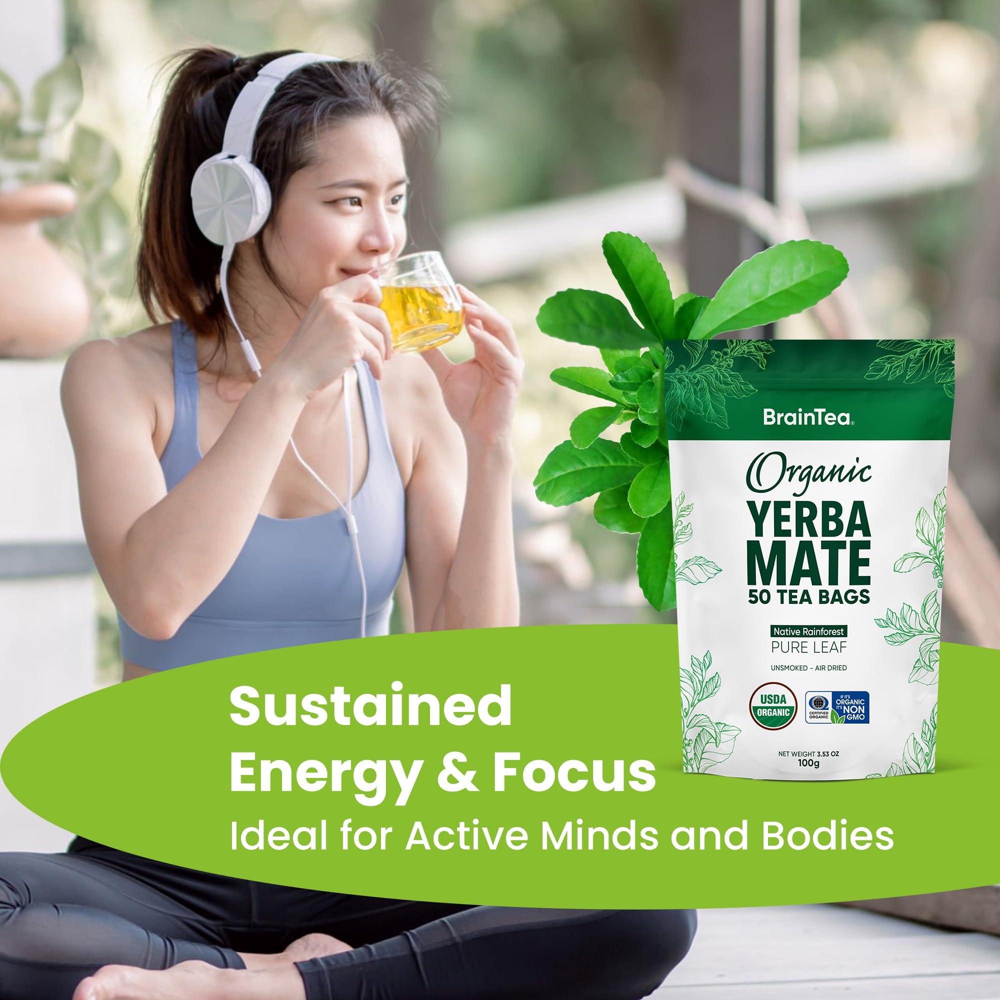 Brain Tea Yerba Mate Tea Organic - Brain Tea Organic Yerba Mate Tea bags 50 count - Native Rainforest Sourced, Unsmoked & Air-Dried, High Caffeine Matte Tea for Detox & Focus Boost - 100g