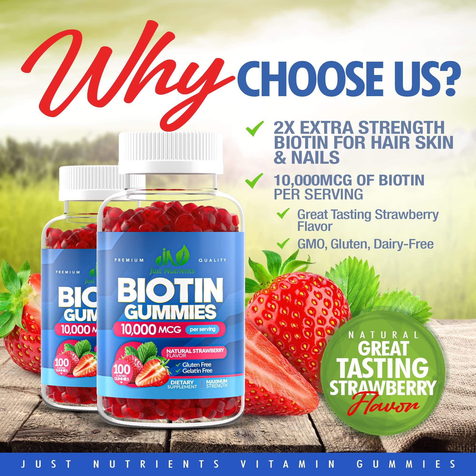 Just Nutrients Biotin 10,000mcg Gummies for Women & Men (100 Count) - 2x Extra Strength Biotin for Hair Growth, Skin & Nails - Gluten-Free, Vegan, Non-GMO, Great Tasting Strawberry Flavor - 100 Gummies