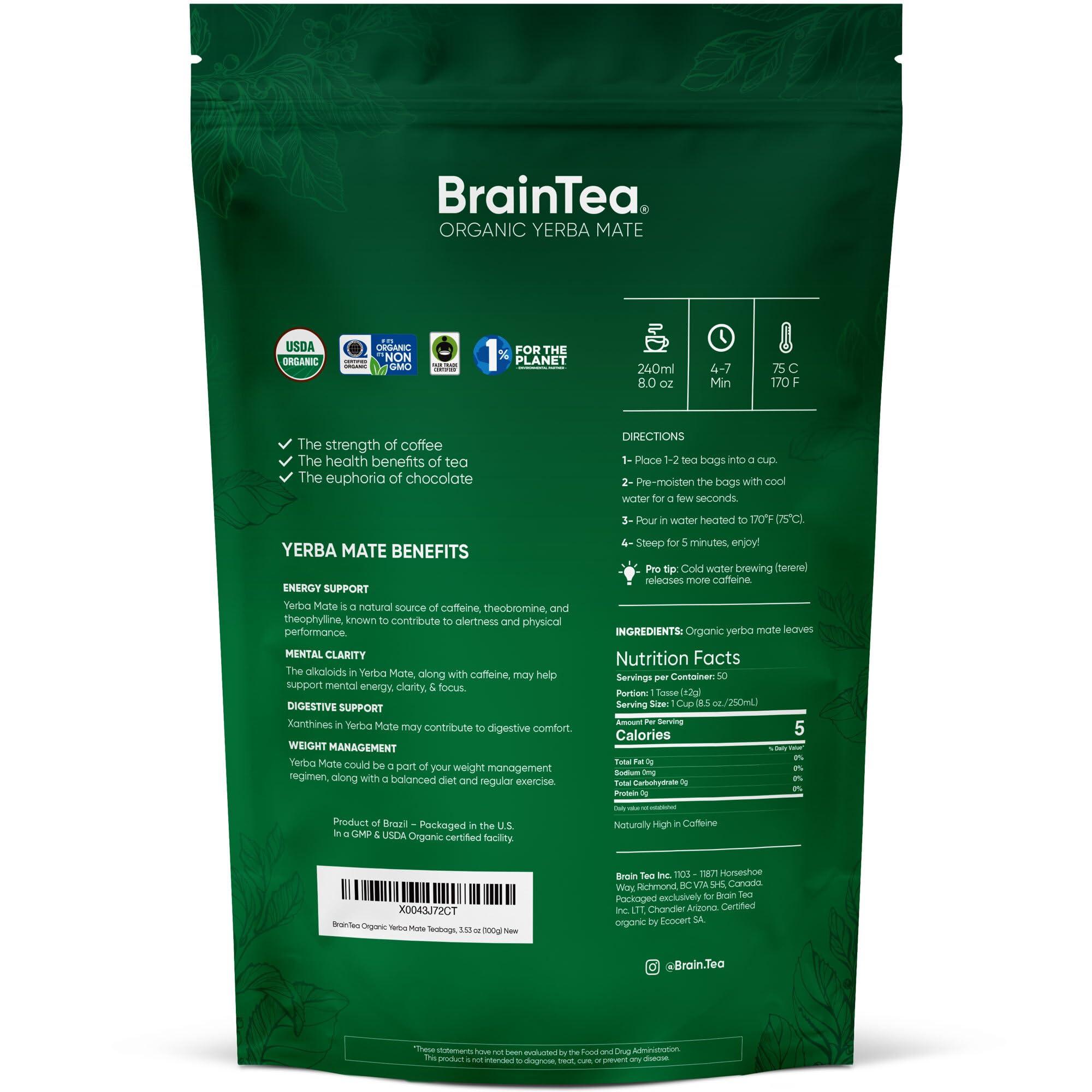 Brain Tea Yerba Mate Tea Organic - Brain Tea Organic Yerba Mate Tea bags 50 count - Native Rainforest Sourced, Unsmoked & Air-Dried, High Caffeine Matte Tea for Detox & Focus Boost - 100g